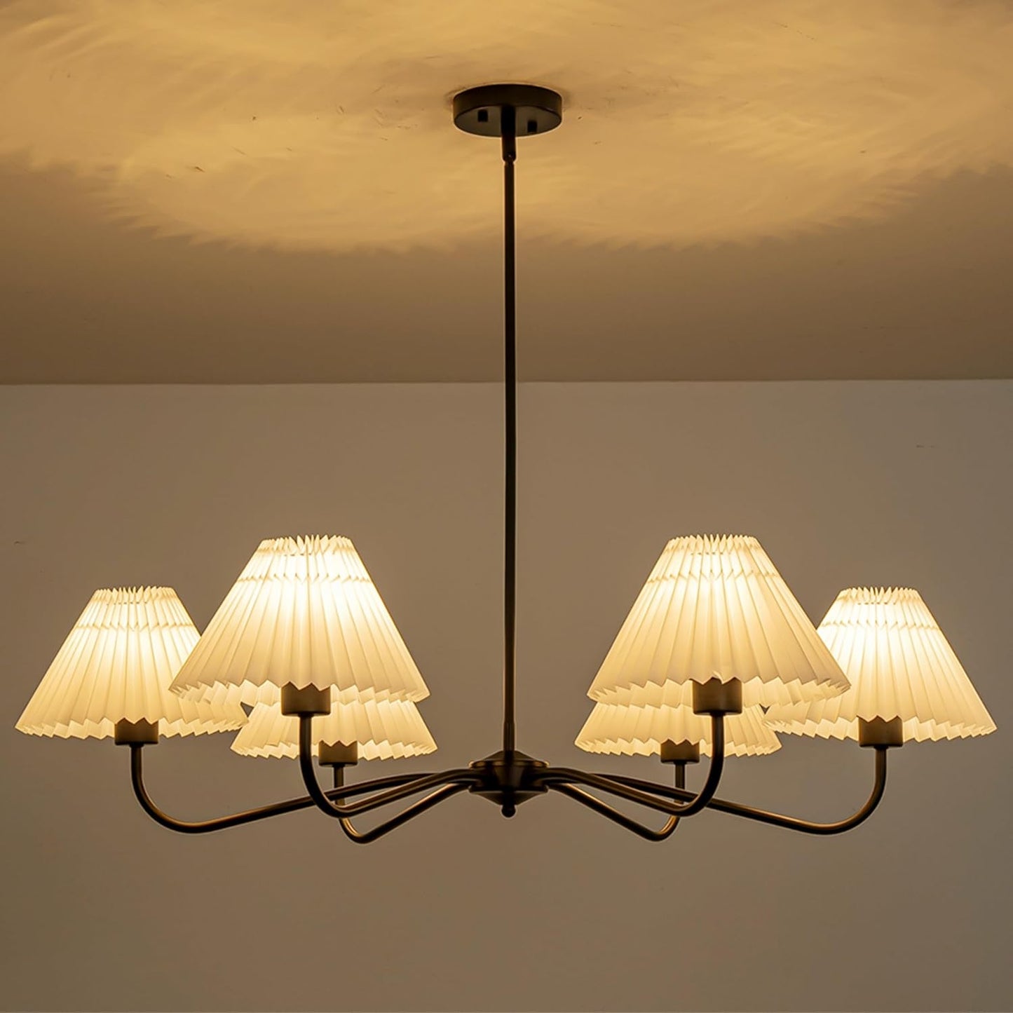 35.8'' Modern Farmhouse Chandelier with White Pleated Fabric Shades, 6-Light Black Hanging Pendant Light Fixture for Dining Living Room Kitchen Island Bedroom Foyer E26 Base
