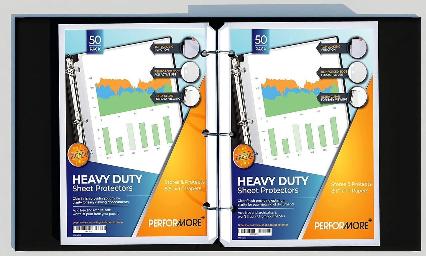 Performore 50-Pack Clear Sheet Protectors | 8.5 x 11 Inch Heavy Duty Plastic Sleeves | Top Loading Reinforced Hole Page Protectors | Archival Acid-Free Non-Glare for 3 Ring Binders Documents Photos