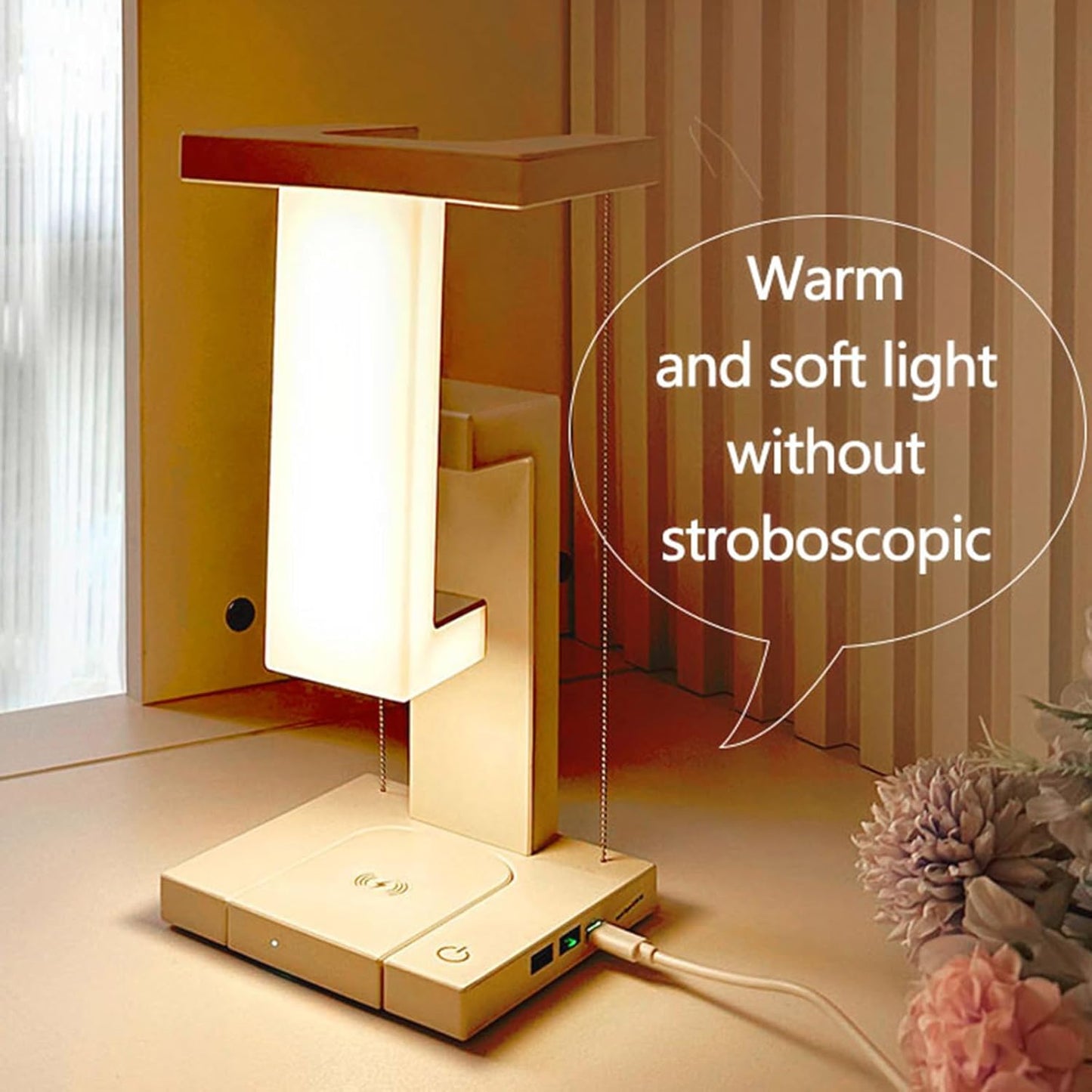 LED Wireless Charging Desk Lamp - Anti-Gravity Suspension Design, 3-Level Touch and Adjustable Brightness, USB-C Port, Suitable for Home Office, Study, Reading, College Dormitory