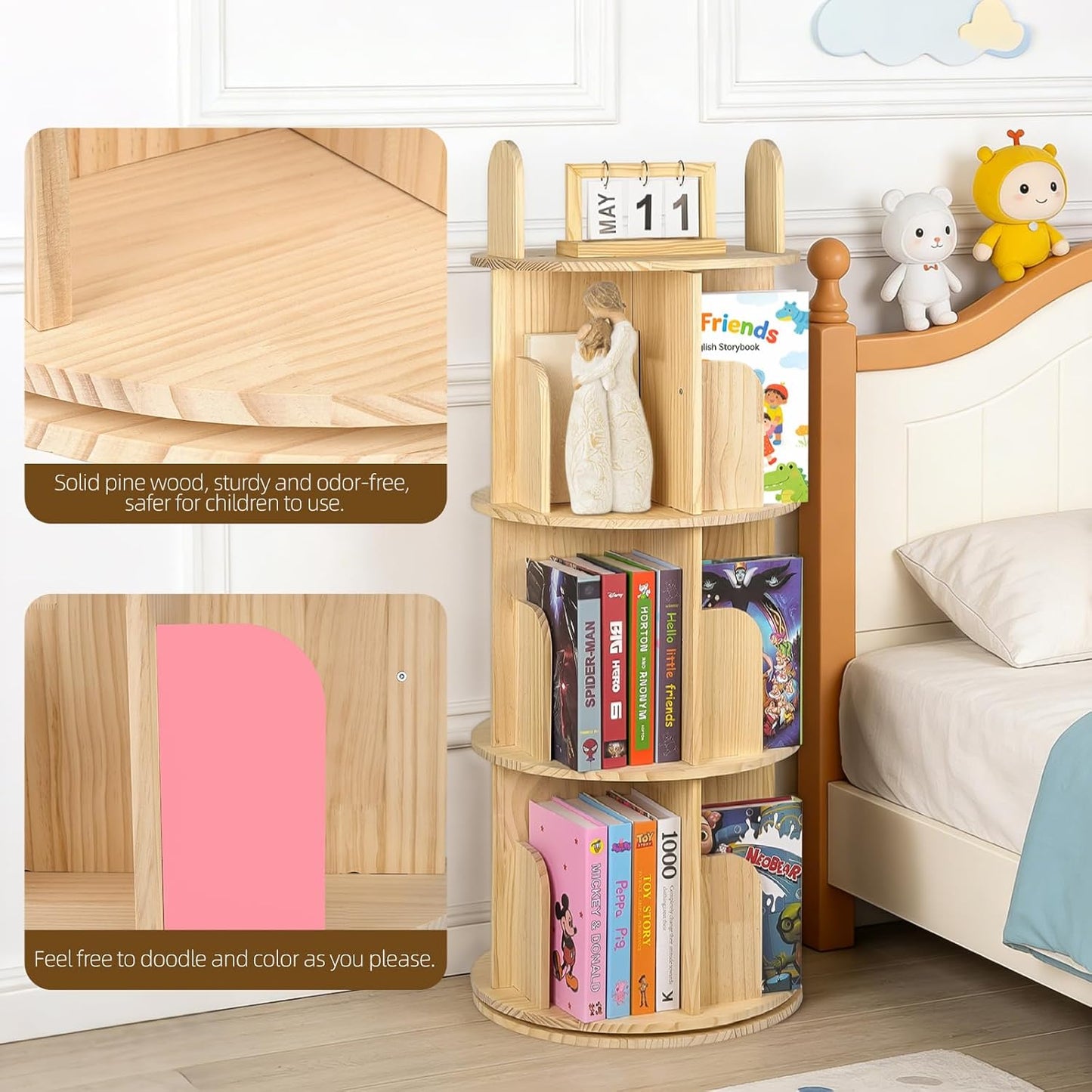 Kryonix Rotating Bookshelf, Solid Pine Wood Spinning Bookshelf Tower 5 Tier, 360° Revolving Bookcase for Kids, Multi-Functiona Corner Round Turning Book Shelf Organizer for Small Spaces