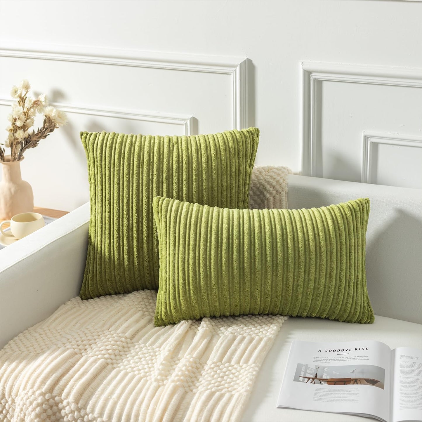 Kevin Textile Velvet Lumbar Pillow Covers Striped, Spring Decorative Throw Cushion Case with Hidden Zipper for Home Couch/Bedroom/Car, Soft Cozy Solid Oblong, 2 Pack (12"x20",Green)