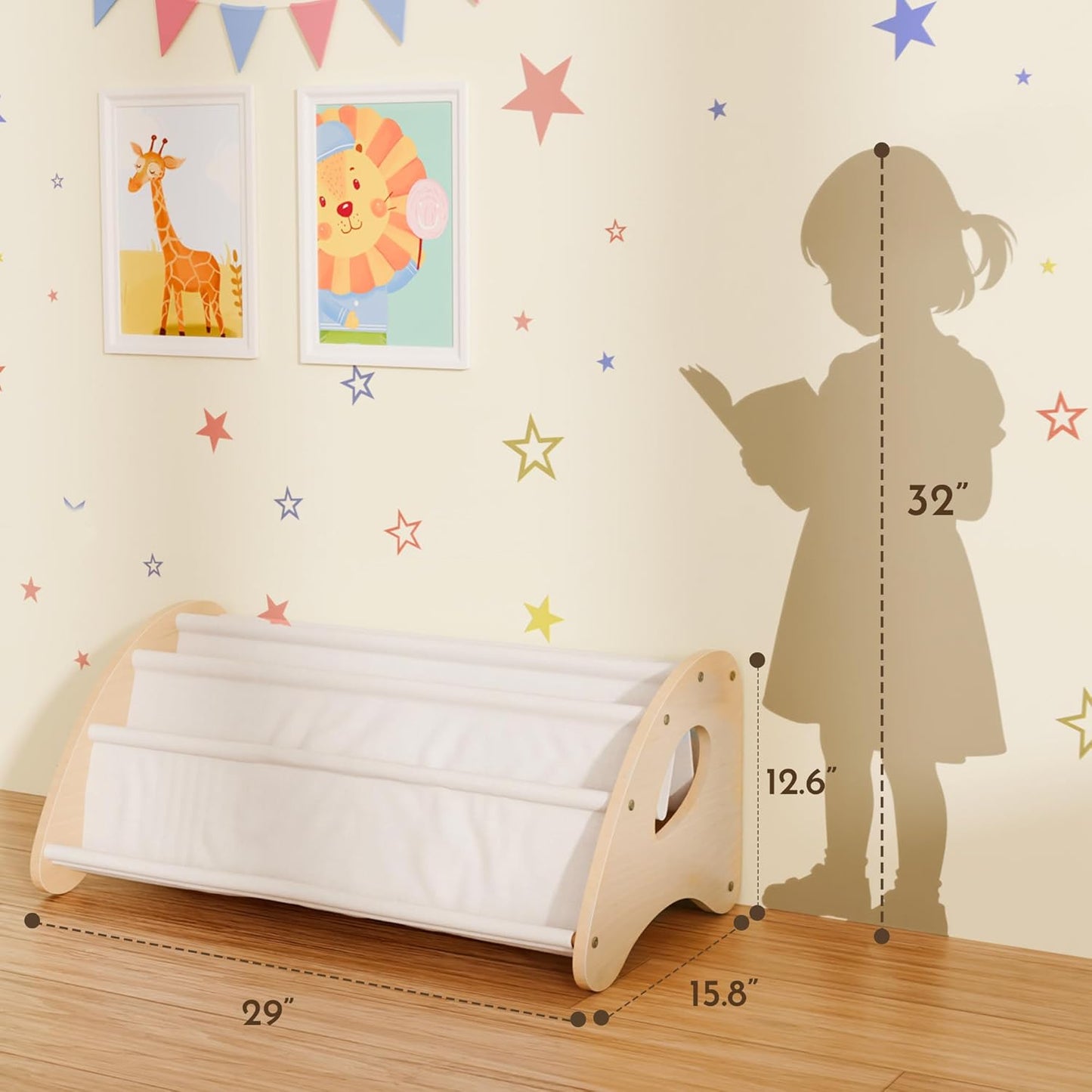 Kids Bookshelf, 4-Tier Montessori Book Shelf for Kids Rooms, Easy Installation, Eco-Friendly Wooden Storage Organizer,28.7” x 15.7” x 13.6” Natural/White