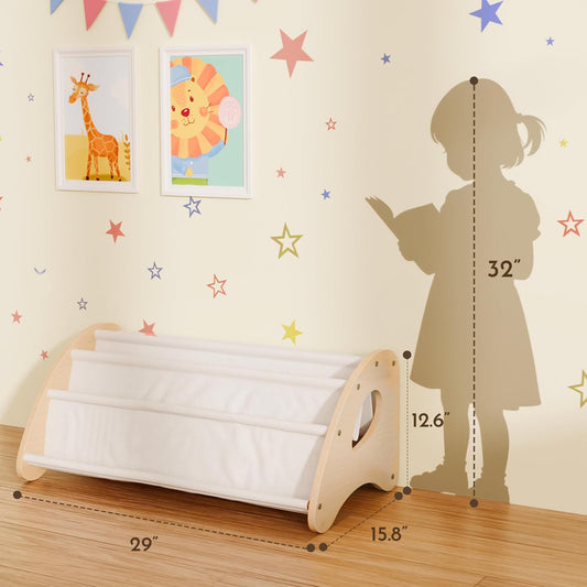 Kids Bookshelf, 4-Tier Montessori Book Shelf for Kids Rooms, Easy Installation, Eco-Friendly Wooden Storage Organizer,28.7” x 15.7” x 13.6” Natural/White