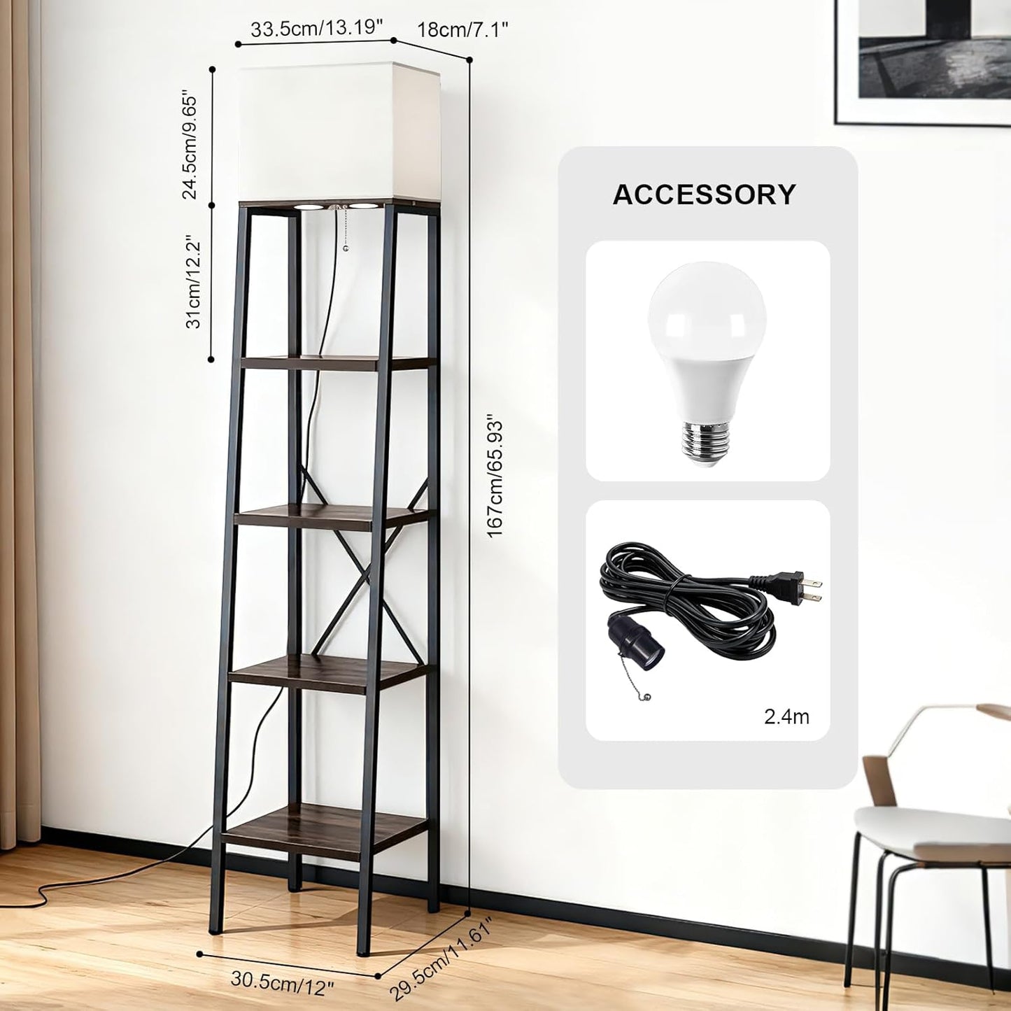 Ladder Shelf with Lamp, 4-Tier Bookshelf Bookcase, Freestanding Corner Storage Shelve for Home Office, Living Room, Kitchen, Bedroom, Industrial, Rustic Brown