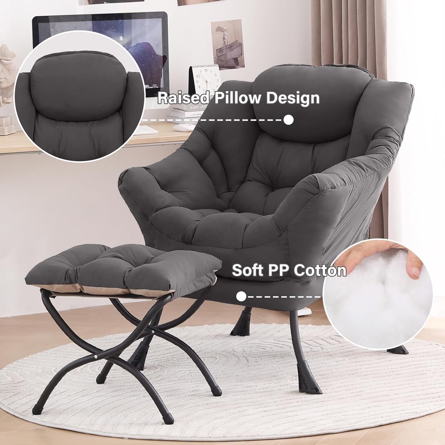 Tiita Lazy Chair with Ottoman, Gray Modern Large Accent Chair, Comfy Leisure Sofa Armchair with Ottoman, Reading Chair with Footrest for Bedroom, Living Room, Dorm Rooms, Garden Dark Grey