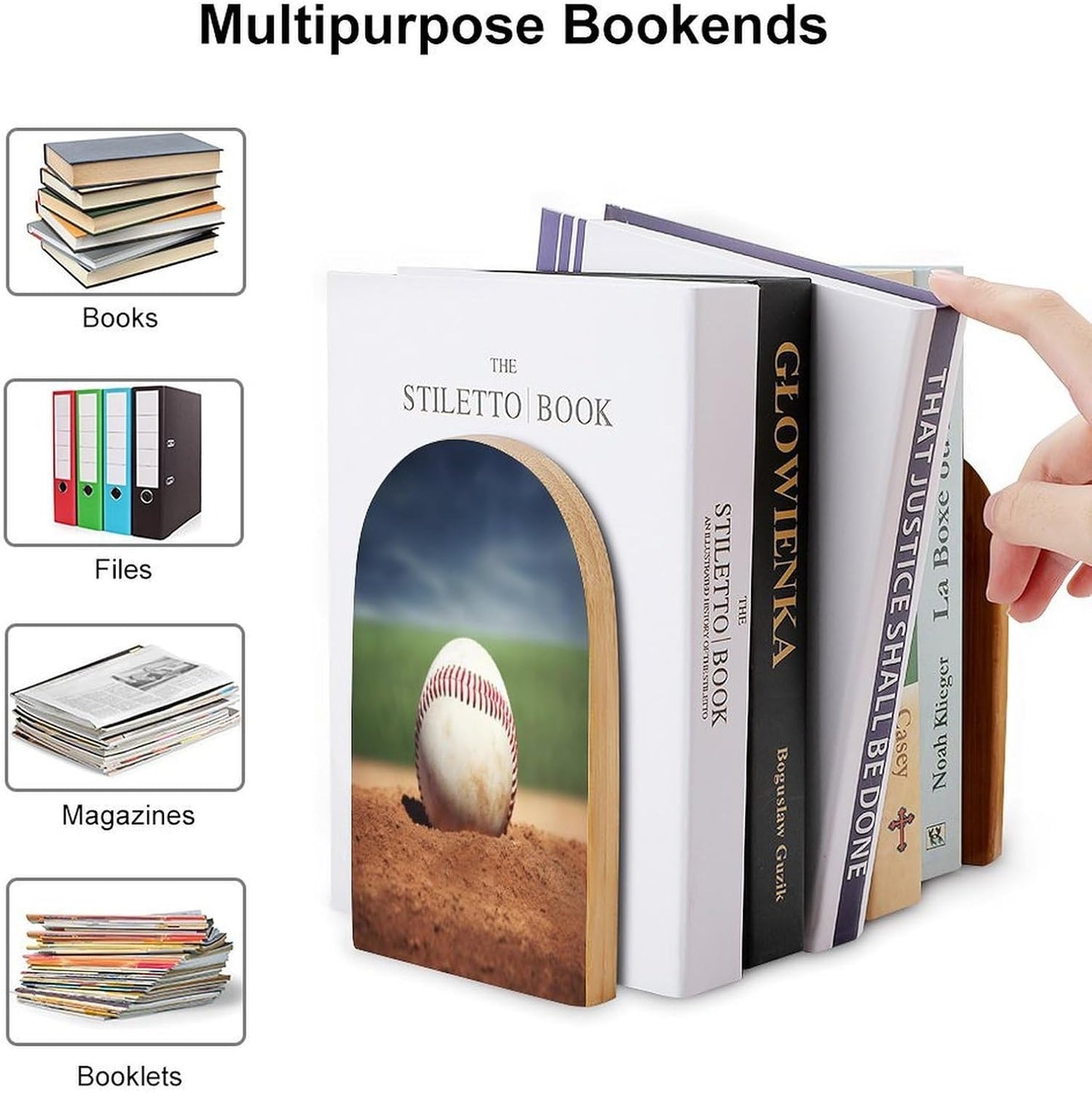 Baseball Bookend for Shelves Wooden Book End Large Size Sturdy Book Holders Stoppers with Metal Base for Bookshelves Slick Decorative Bookends Stands