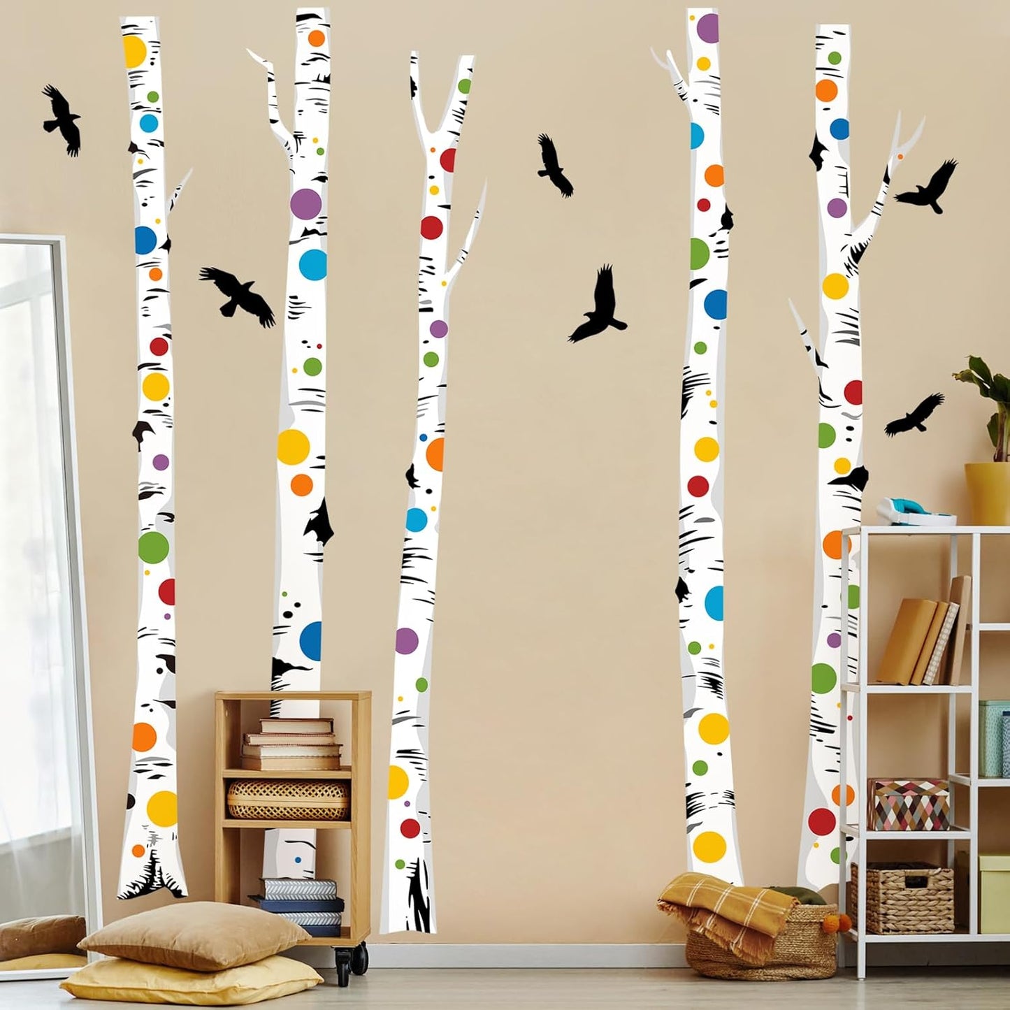 Birch Tree Wall Decals – Colorful Polka Dot Birch Tree Stickers for Aisle Bedroom Office Sofa TV Backdrop, Removable Peel and Stick Decal, Easy DIY Home Décor (5 Trees, H63)