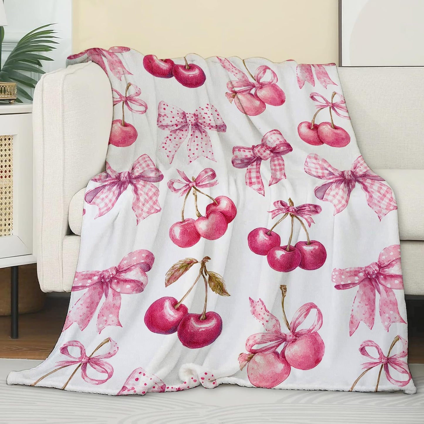 Sweet Cherry Fleece Blanket, Soft Throw with Bow Illustration, Lightweight Cozy Blankets for All Seasons, Cute Romantic Home Decor and Gifts for Women and Fruit Lovers, 50x60 Inch