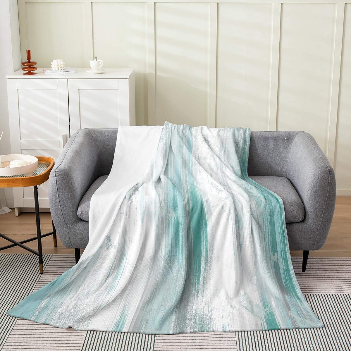 Feelyou Abstract Plush Throw Blanket Modern Abstract Art Flannel Blanket Twin 60"x80" Turquoise Gray White All Season Turquoise for Couch Bed Sofa Bedroom Decor