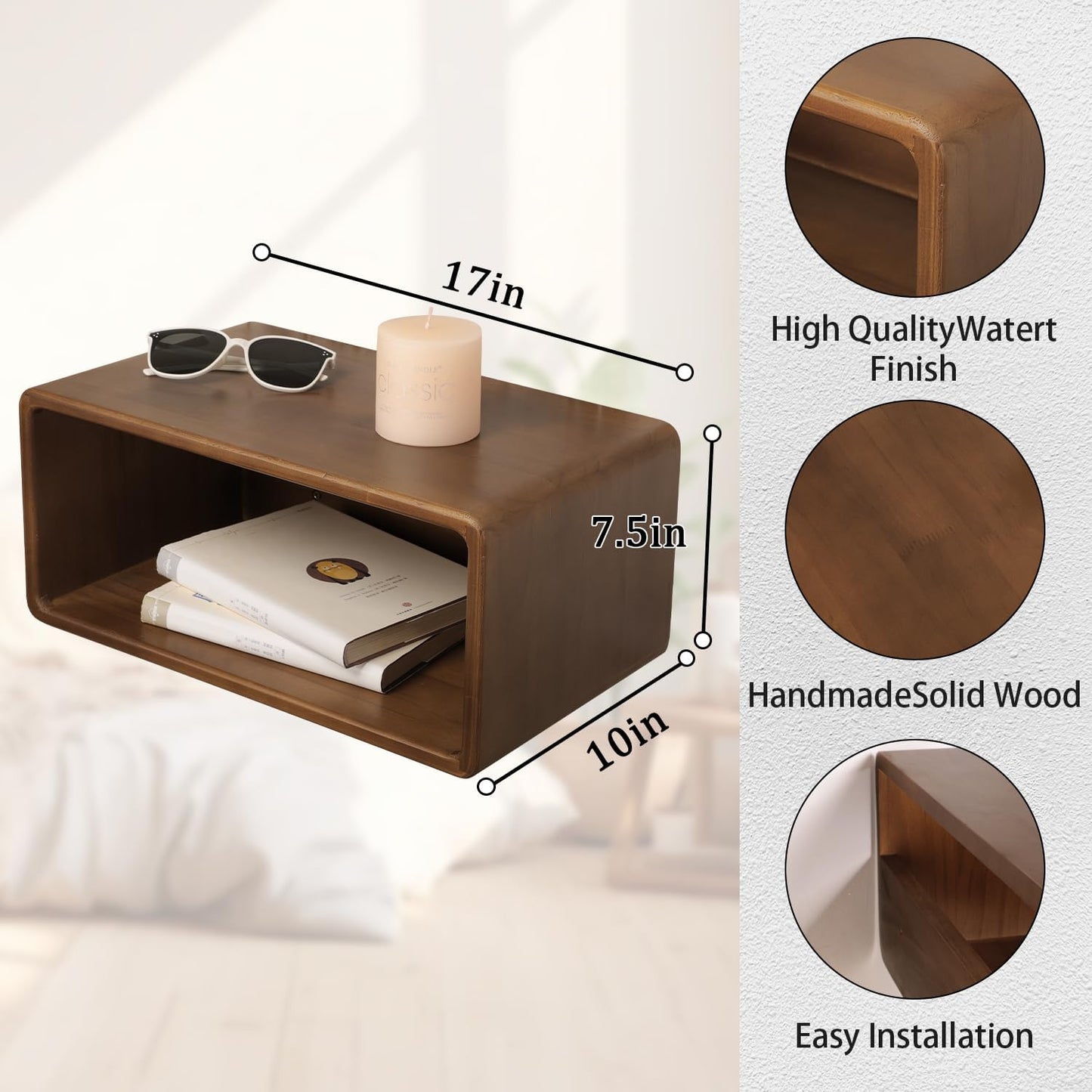 Floating Nightstand, Wall Mounted Bedside Shelf, Handmade Bedroom Furniture,Pine Wood Floating Bedside Table, Minimalist and Unique Style 18”x 10”x 7.5” Brown