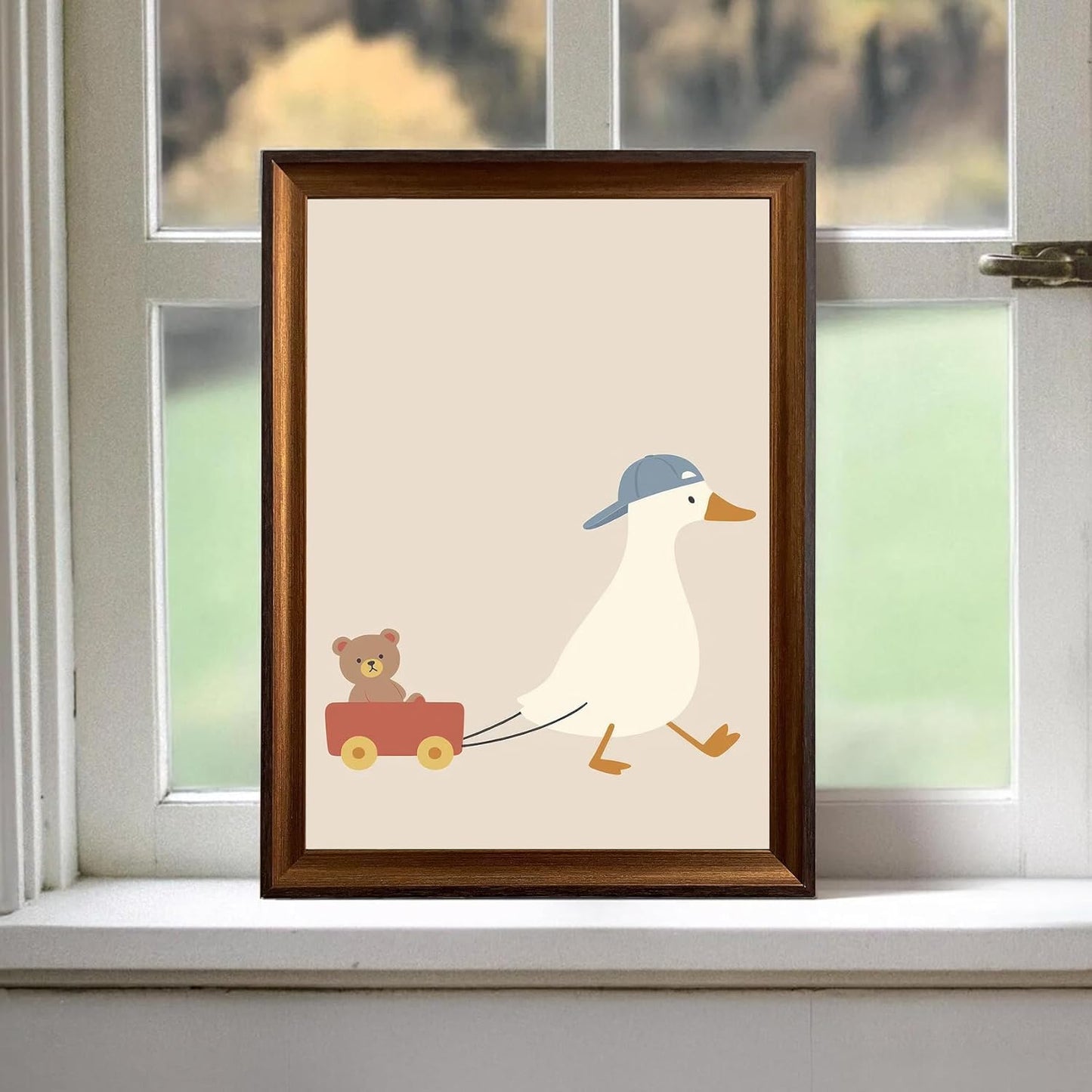 Framed Cute Goose Wall Art Funny Goose Pulling Toy Duck Canvas Print Minimal Nursery Animal Wall Decor for Kids Room Playroom Ready to Hang 8inx10in