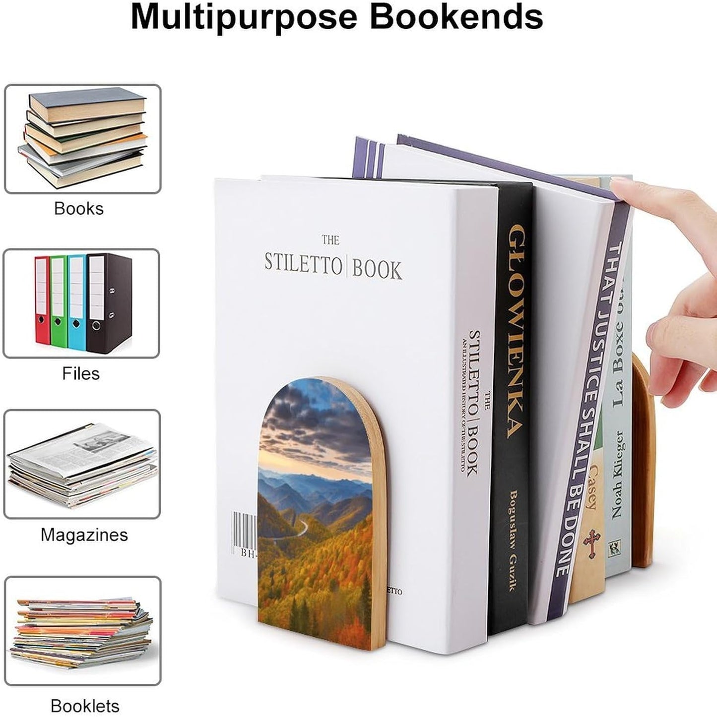 Blue Ridge Parkway Mountains Bookends 1 Pair Heavy Duty Book Ends for Shelves Non-Skid Bookend Supports Wooden Book Holders with Metal Base Desk Organizers Books Storage to Hold Books