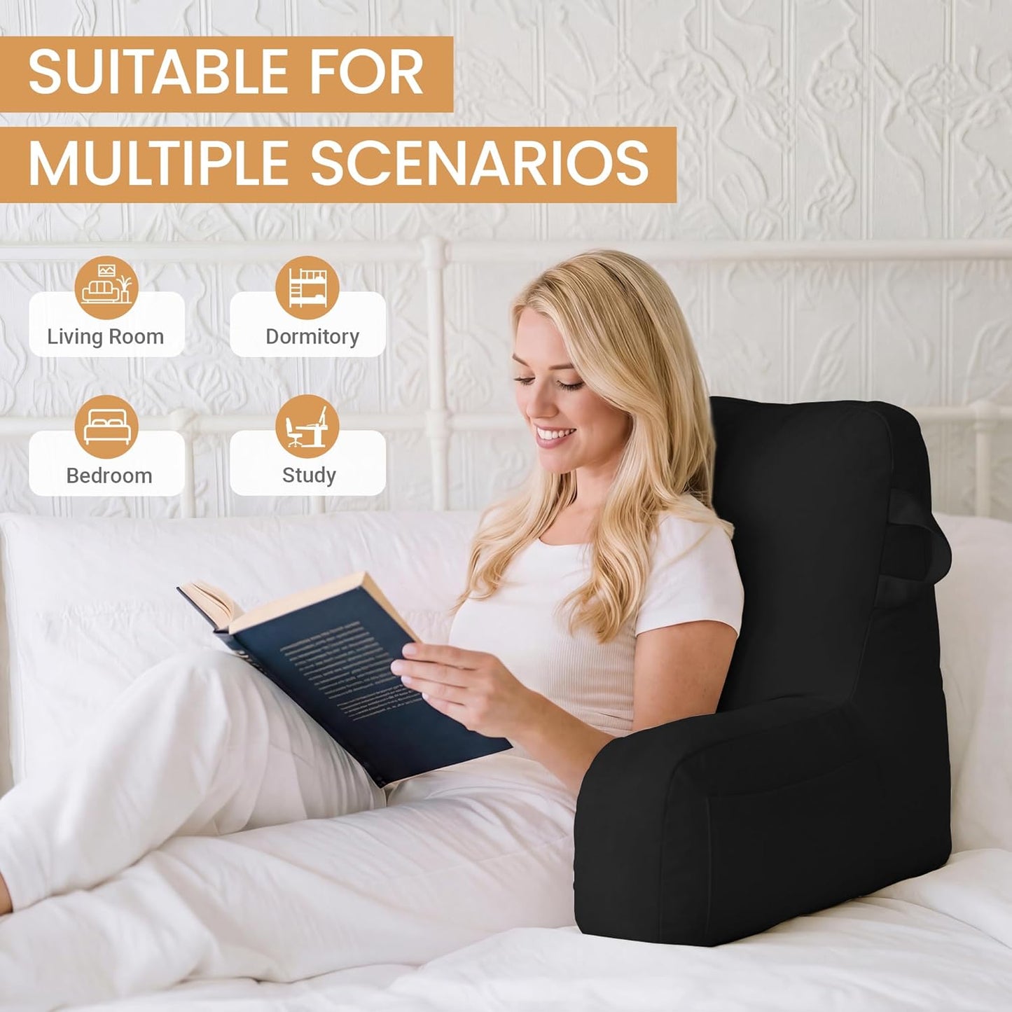 Portable Comfy Reading Pillows for Bed Sitting Up(Black Oeko-Tex), Velvet Back Pillow with Arms & Pockets for Adults, Support Memory Foam Bed Pillow for Dorm/Reading/Watching/Gaming