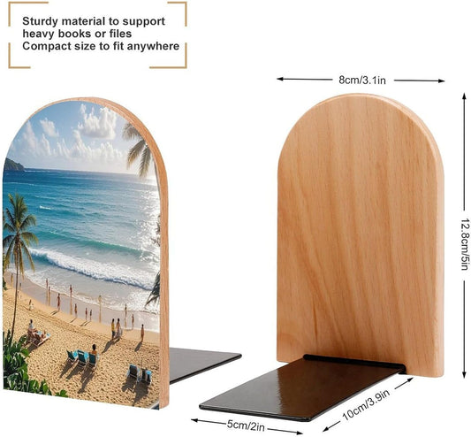 Summer Hawaiian Bookends 1 Pair Heavy Duty Book Ends for Shelves Non-Skid Bookend Supports Wooden Book Holders with Metal Base Desk Organizers Books Storage to Hold Books