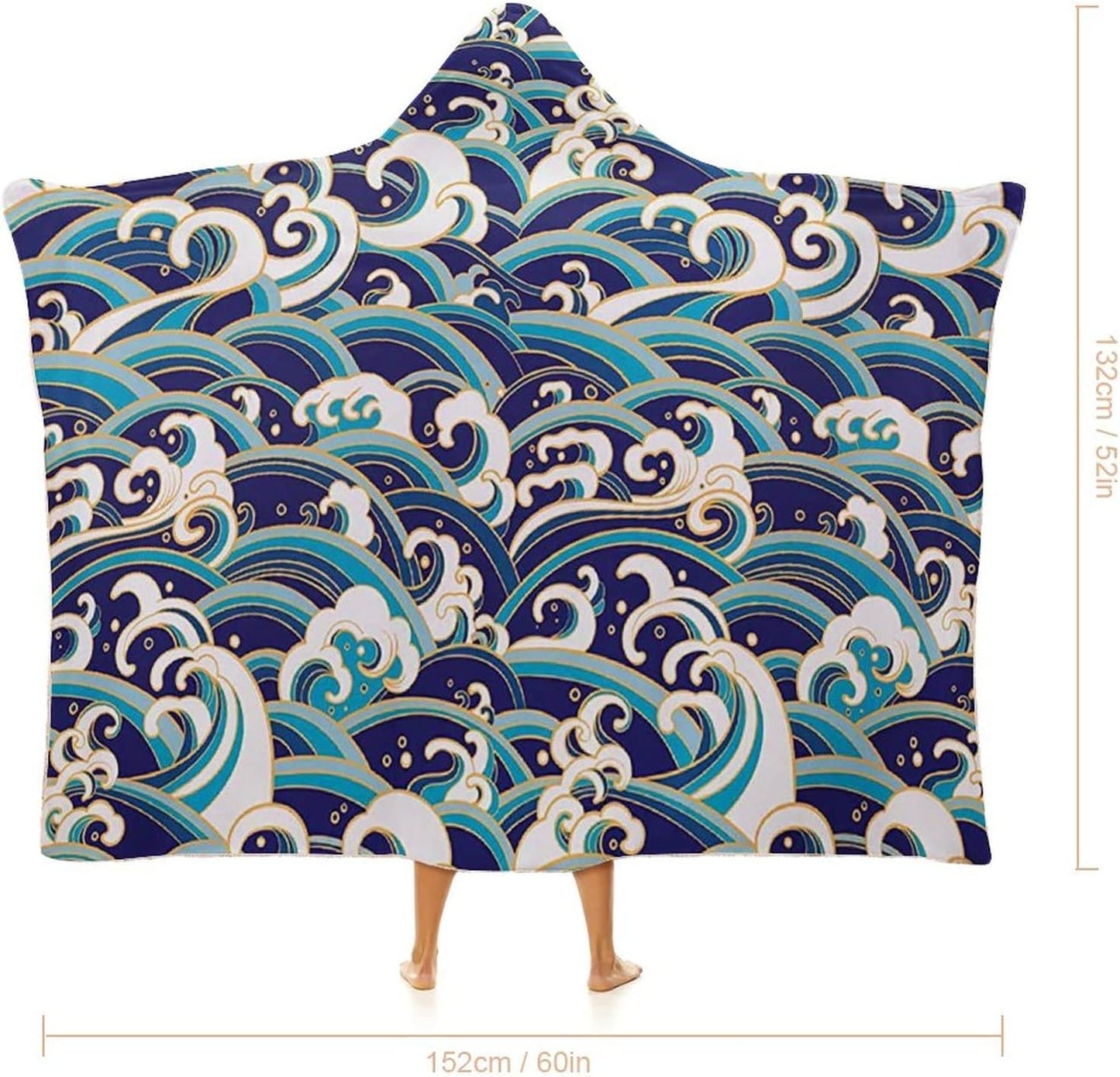 Throw Blankets, Nautical Women Men Hooded Blanket, Traditional Oriental Style Ocean Waves Pattern with, Soft Warm Cozy, 60 x 80inches, Studying Reading Snuggling Napping Office, Blue and White