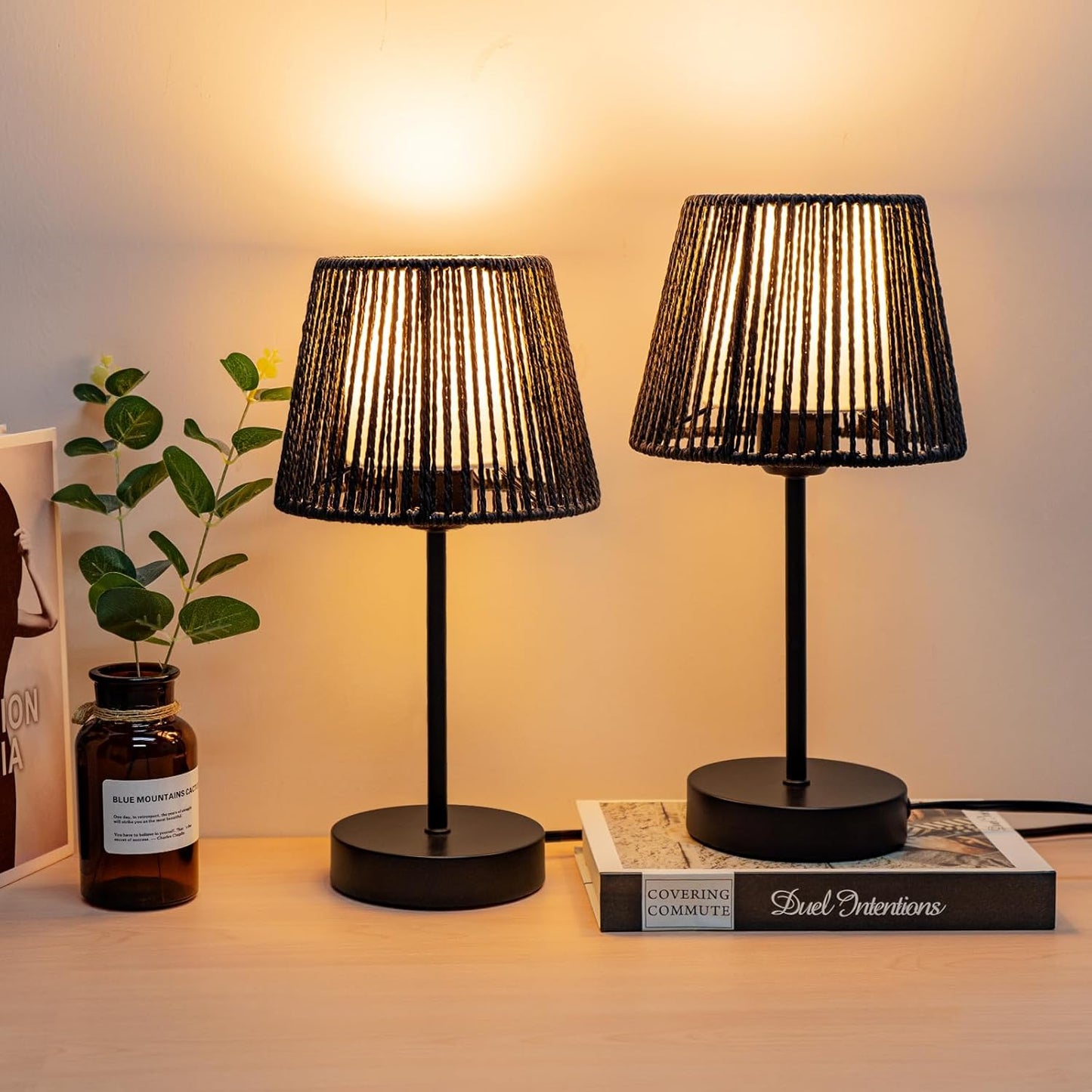 Touch Boho Lamp Dimmable, 3-Way Bedside Table Lamp 14.2", Rope Light for Bedroom Nightstand Farmhouse, Bulb Included, 2 Packs (Black)