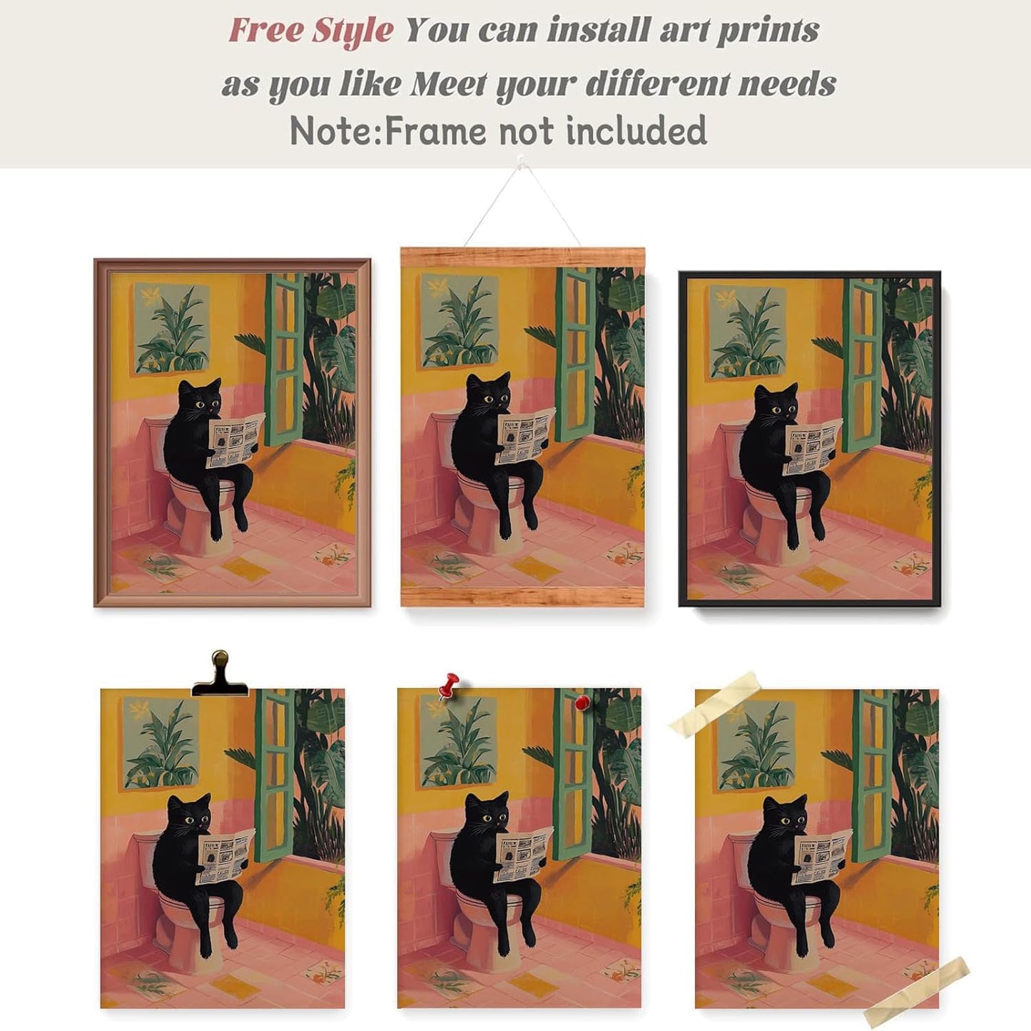 Vintage Funny Black Cat Reading Newspaper Posters Cute Animal Sitting On Toilet Canvas Wall Art Pink Yellow Bathroom Botanical Prints Painting For Home Bedroom Dorm Wall Decor 8x12in Unframed