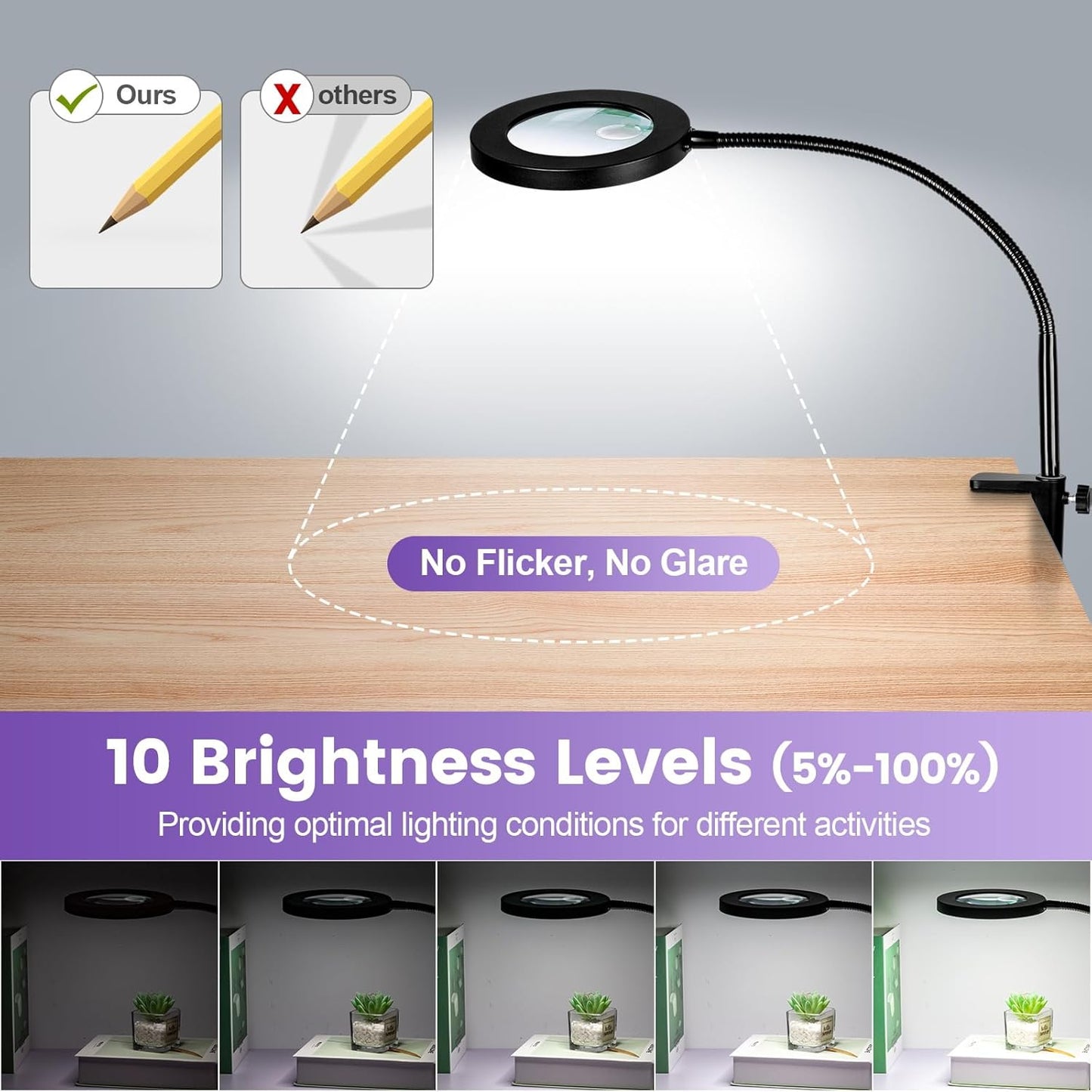 30X 12X Magnifying Glass with Light and Stand, 3-Color Stepless Dimmable LED Magnifying Floor Lamp, 24" Gooseneck Adjustable Swing Arm Lighted Magnifier Lamp with Clamp for Reading Esthetican