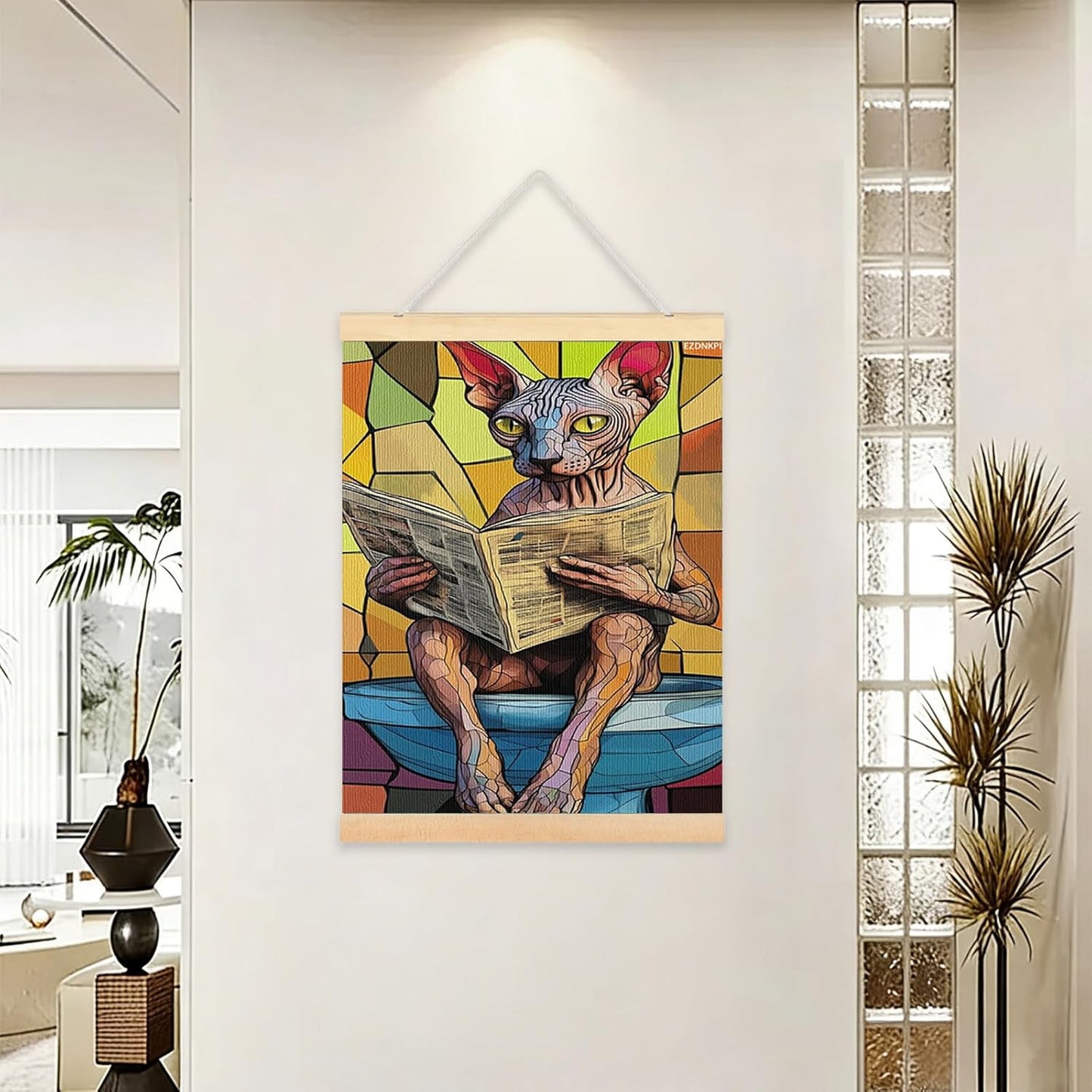 Cat Reading Newspaper Canvas Wall Art, Polychrome Abstract Decor, Bathroom Aesthetic Art for Living Room, Bedroom, Office 24x36 Inch Framed