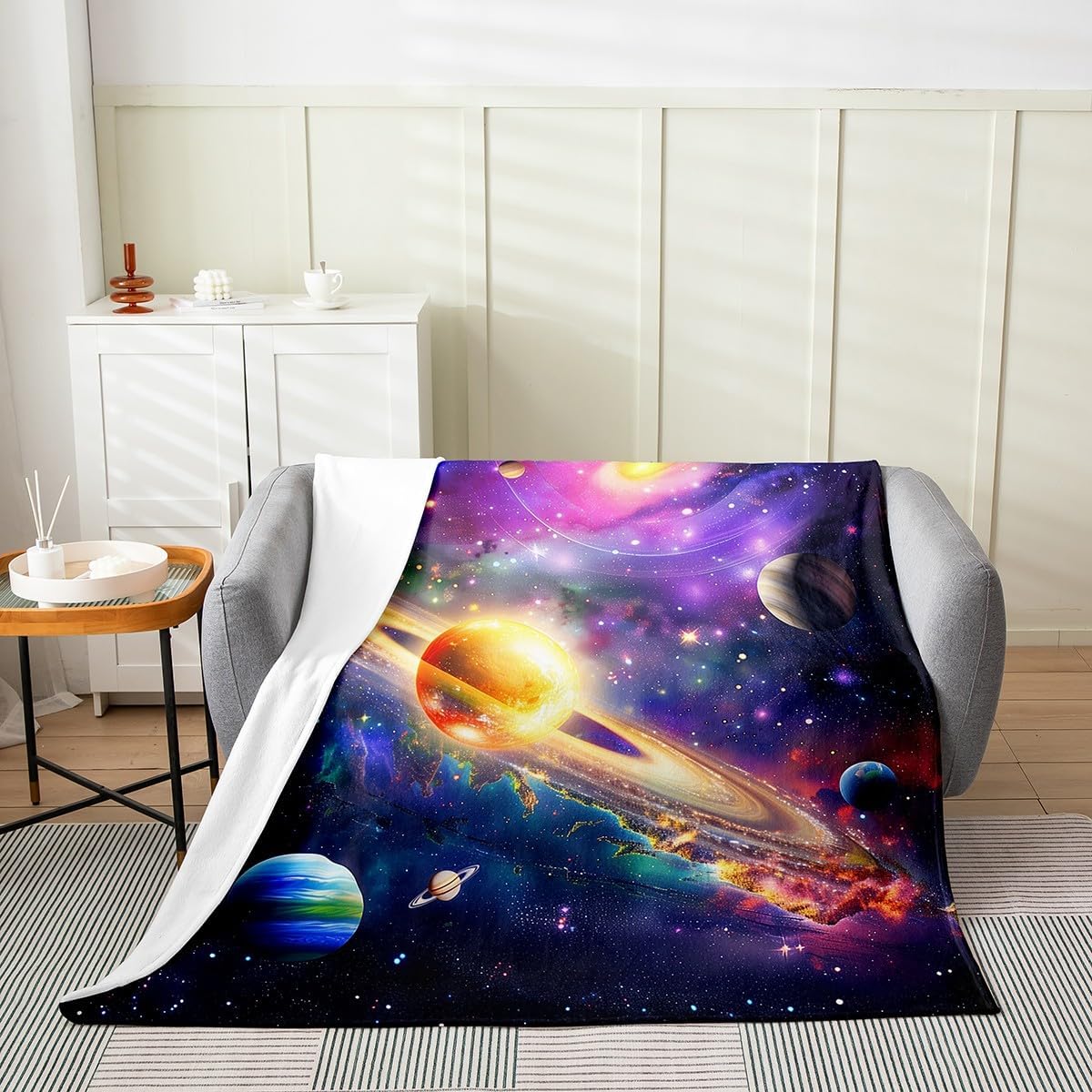 Erosebridal Outer Space Blanket Queen 90x90, Sky Galaxy Planet Stars Throw Blanket, Universe Sparkle Stars Fleece Blanket, Sapce Theme Solar System Cosmos Bed Blanket for Bedroom Living Room