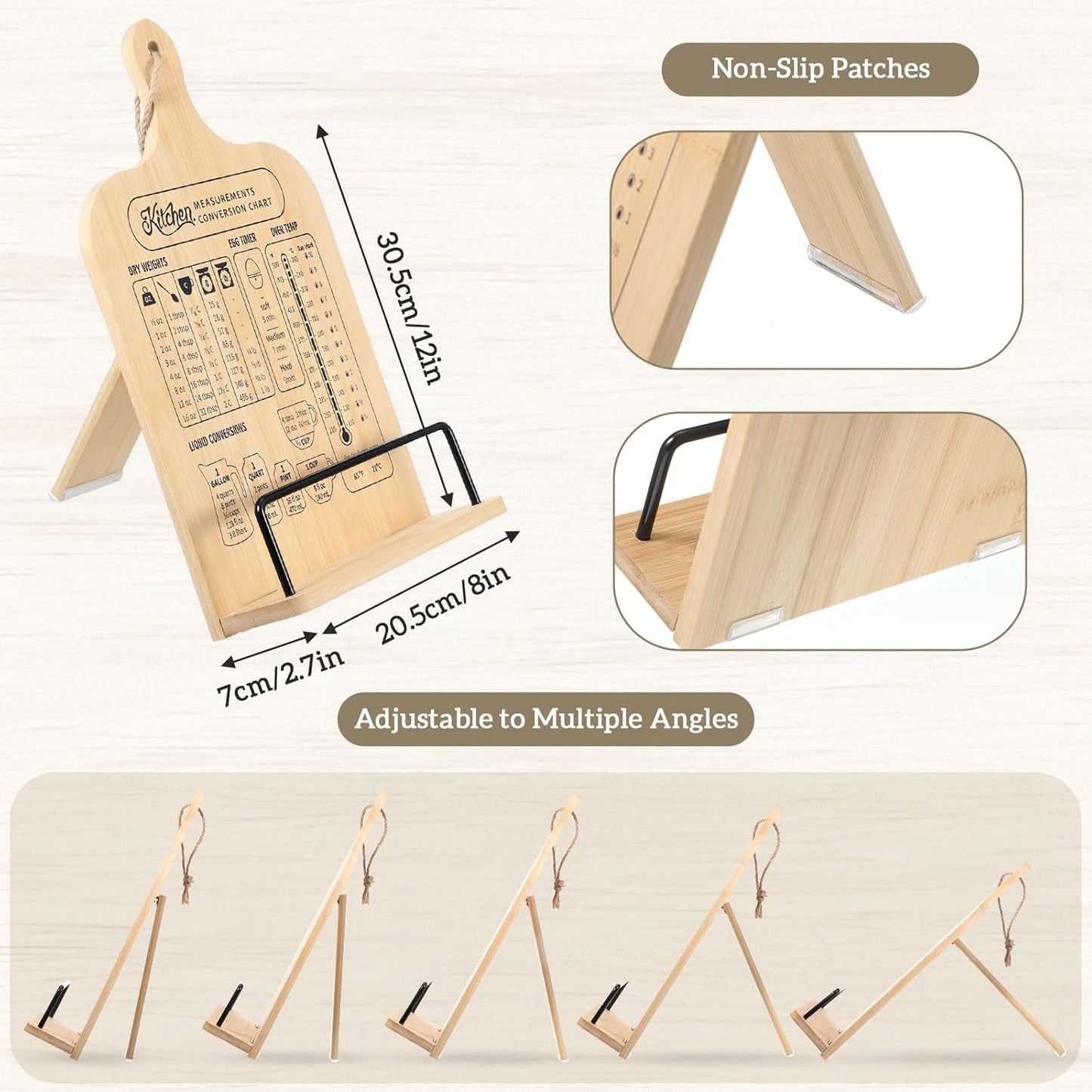 Bamboo Cookbook Stand for Kitchen Counter, Foldable Cook Book Holder with Measurement Conversion Chart Recipe Book Stand Essential Accessories for Holding Cookbooks