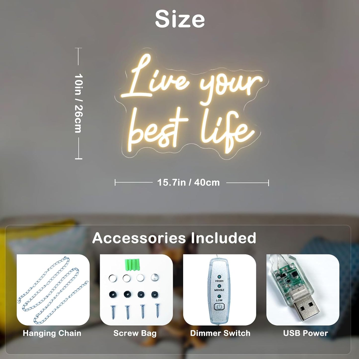 Live Your Best Life Neon Sign Dimmable Led Neon Lights for Wall Decor USB Encouragement Word Neon Light Up Signs for Bedroom Home Bar Office Study Room Wedding Birthday Party Teens Girls Gifts