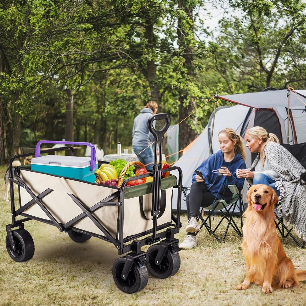 Heavy-Duty Camping Wagon Cart, 150L Extra Large Collapsible Utility Wagon with 440 lbs Capacity, 6.5" Solid Rubber All-Terrain Wheels, Dual Step-On Brakes, Adjustable Auto-Return Handle, Beige & Green
