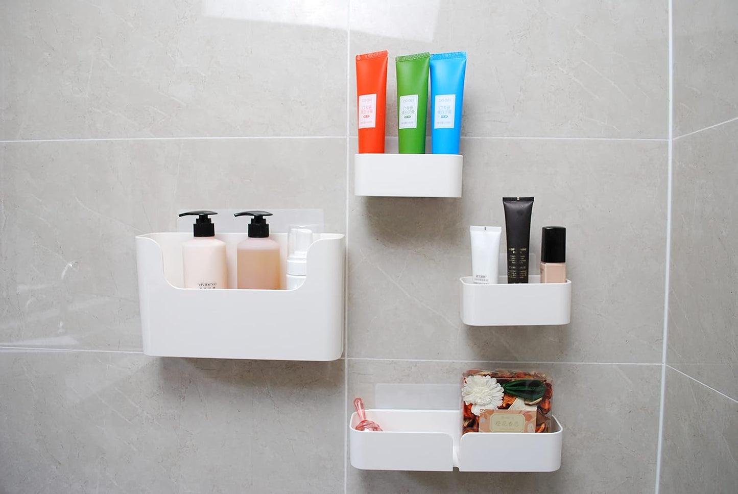 Adhesive Wall Mounted Shelves, Durable ABS Plastic Hanging Storage Bins White, Excellent Floating Organizer 4pcs Set, Convenient Storage Solution on Smooth Wall Surface
