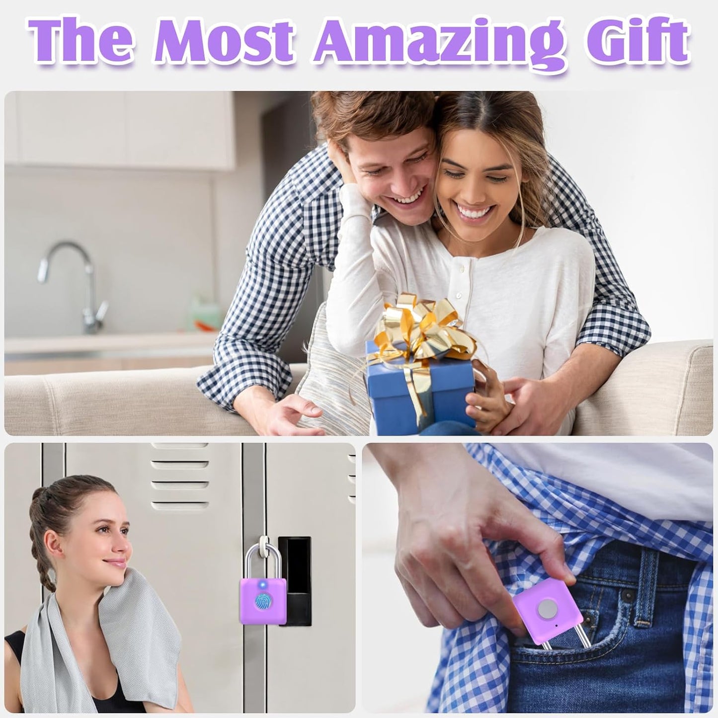 Pothunder Fingerprint Padlock, Smart Padlock, Locker Lock, Combination Fingerprint Lock with APP Unlock, USB Rechargeable, Suitable for Gym Locker(Lavender Purple)