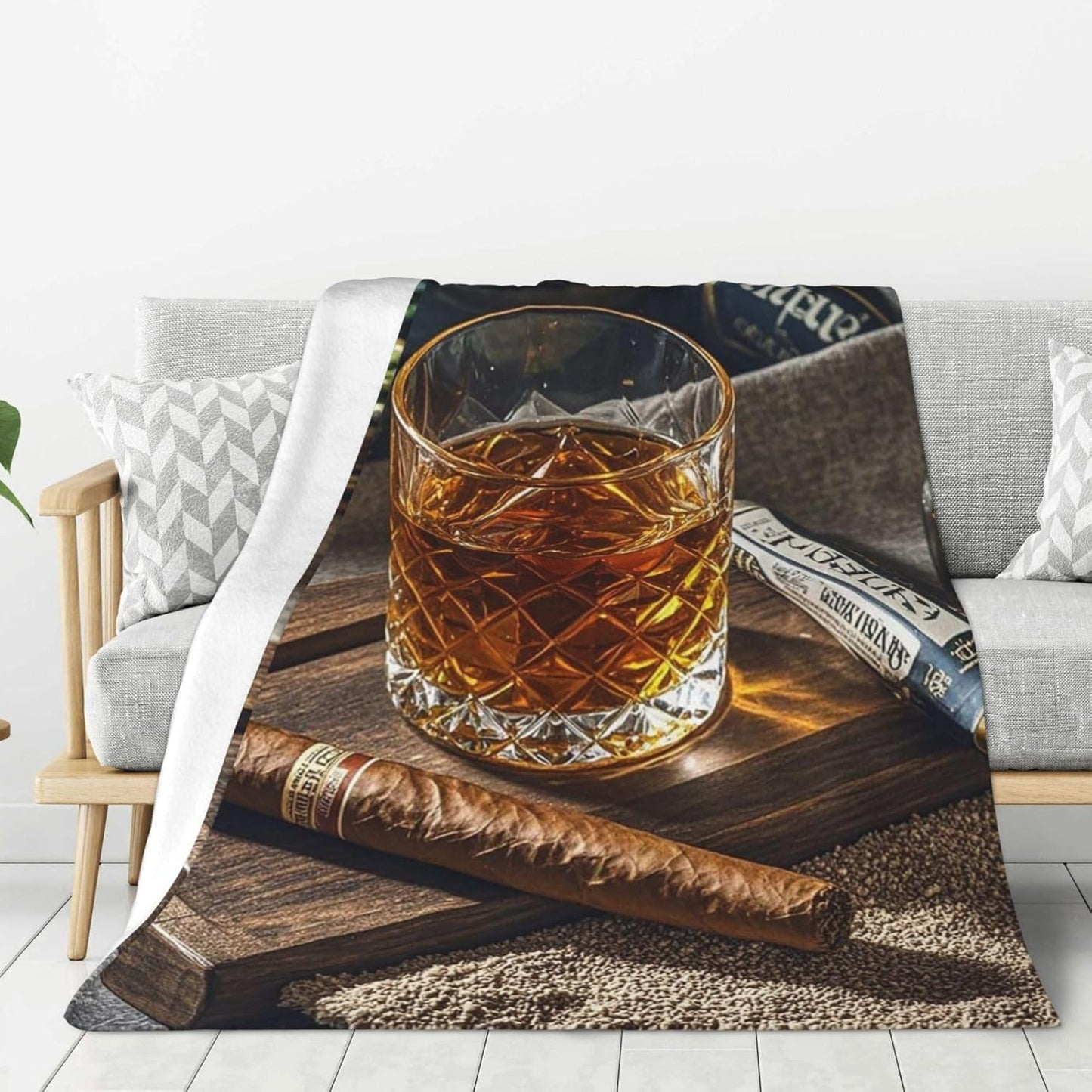 Throw Blanket Soft Cozy Bed Blanket 60"x50" Reversible Plush Blanket Cigar & Whiskey Flannel Blankets Warm Cozy Throws for Sofa Lightweight Blankets for Couch Bed