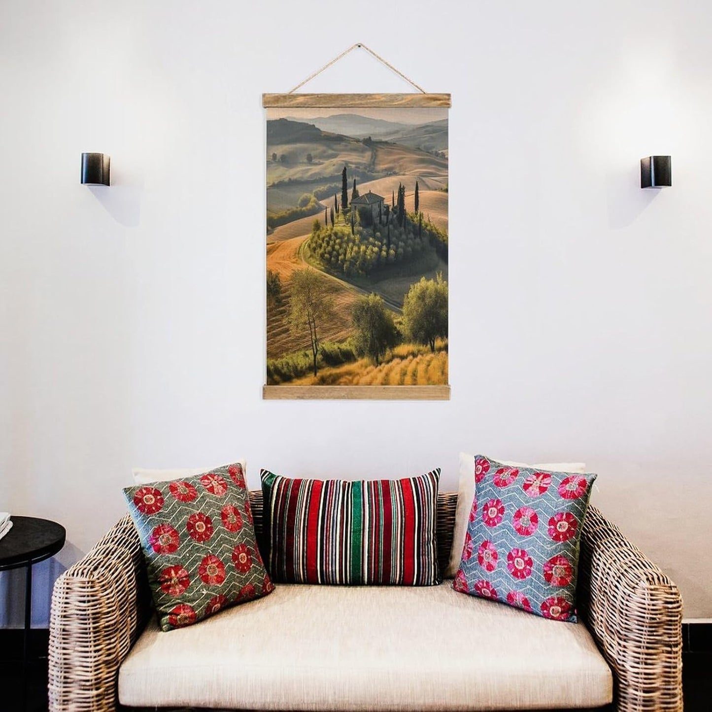 Vintage Tuscany Landscape Tree Scenery Farm Poster with Wooden Frame Personalized Linen Hanging Scroll Painting Rustic Wall Hanging Illustrative Modern Artwork Decor for Home Living Room Bedroom Offic