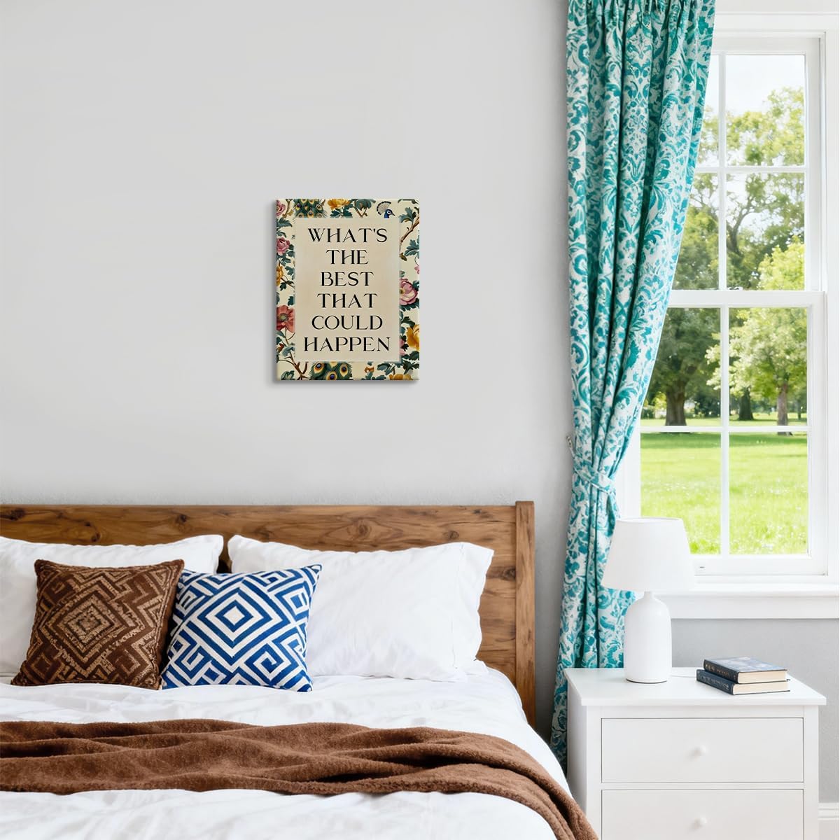 WOXZQ What's The Best That Could Happen Quote Wall Art Inspiarational Vintage Floral Print Motivational Modern Wrapped Canvas Poster for Bedroom Living Room Office Decor 8x10 Inch