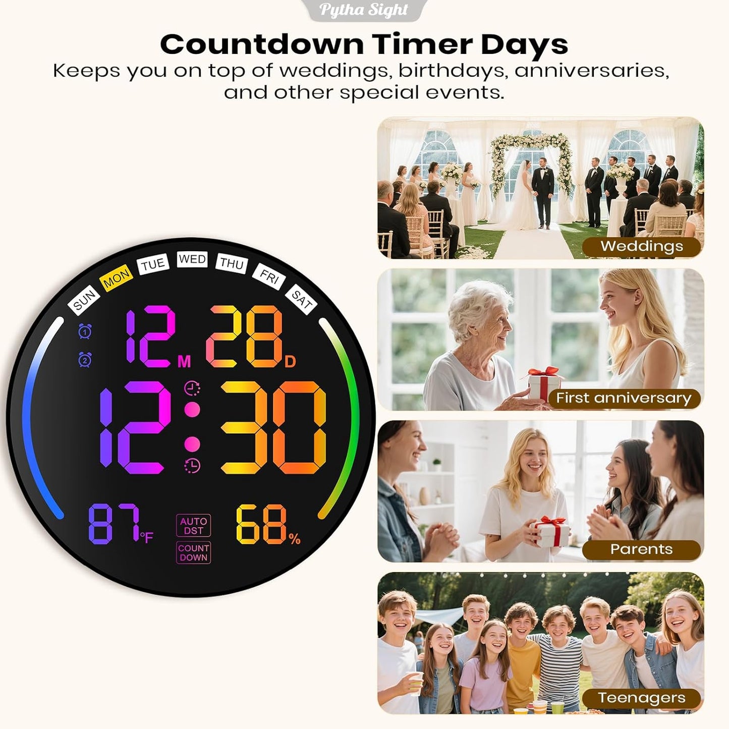 Large Digital Wall Clock with 10.3" LED Display,Alarm,Countdown Timer,DST,Temperature,Humidity,Auto-Dimming,Remote Control,Night Light for Classroom,Bedroom,Living Room,Office,Gym