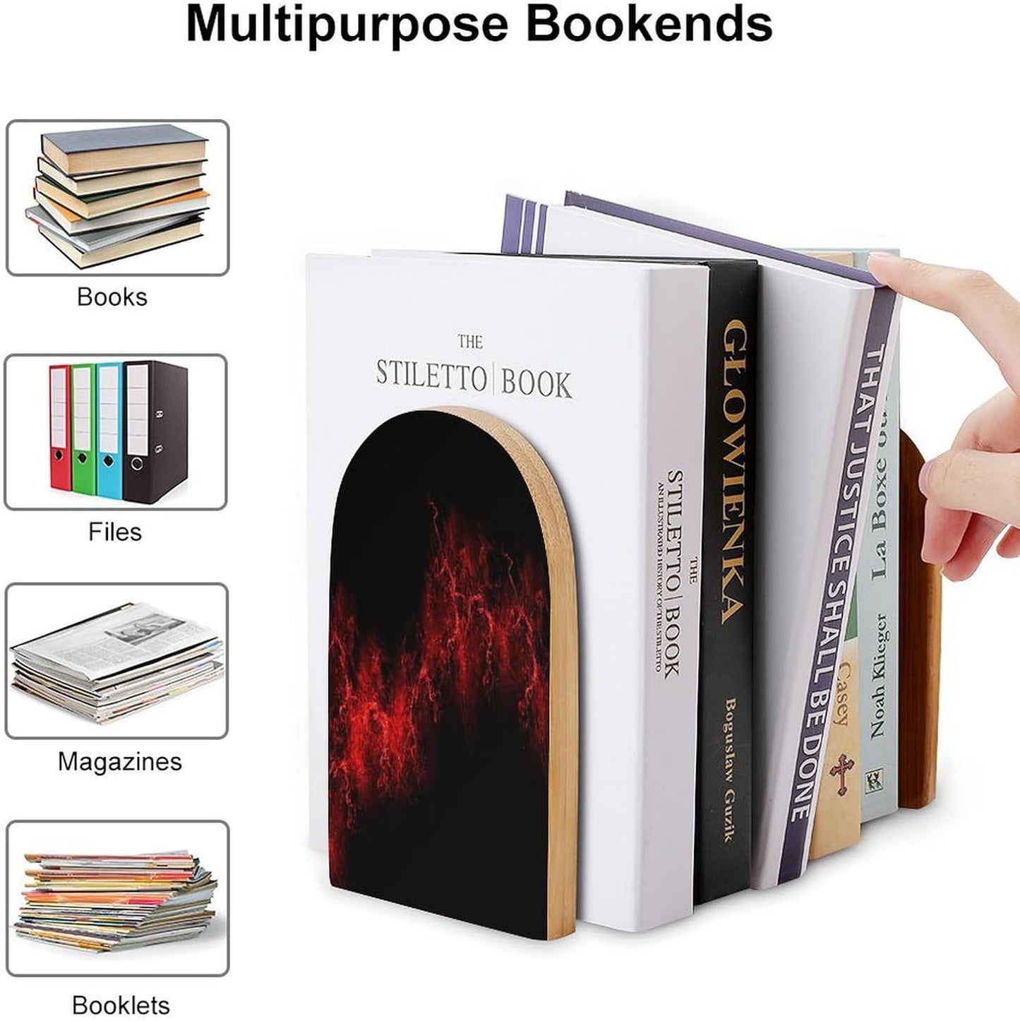 Explosion Burst Red Black Wooden Bookend Non-Slip Book Ends Heavy Duty Book Stopper with Metal Base Books Holderd Decorative Bookends Stands Firmly for Office Supplies