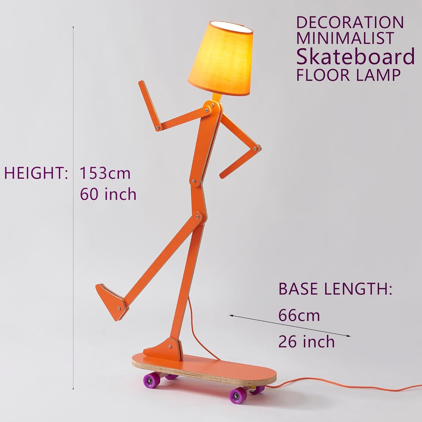 Cool Wood Floor Lamp for Living Room Bedroom Kids Bedside - Unique Office Decorative Corner Reading Standing Swing Arm Light for House Home Gift Ideas - LED Bulb Included (Orange-Skateboard)