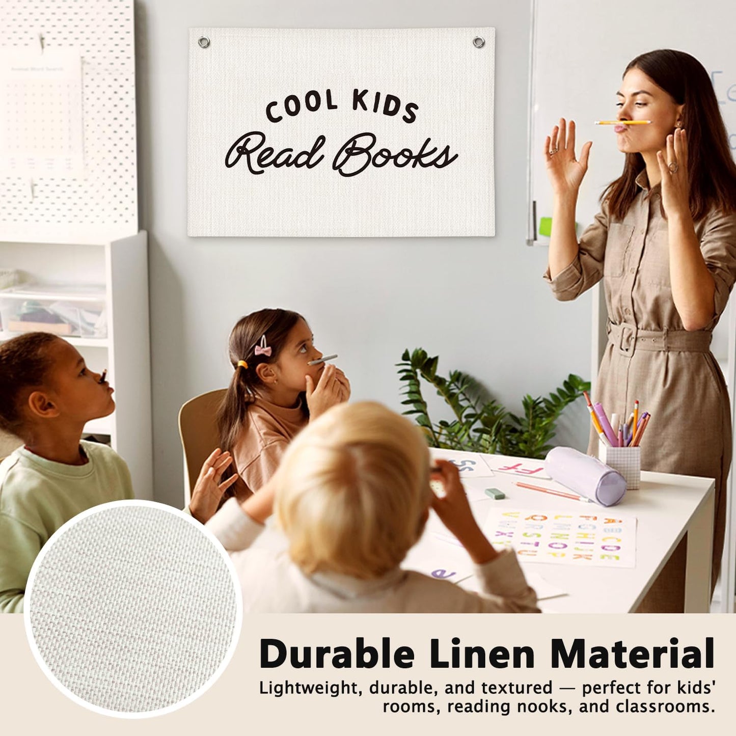 Cool Kids Read Books Reading Room Decor - Linen Banner Wall Hanging Canvas Banner Flag Decor for Kids Nursery Toddler Reading Corner Nook Classroom Library