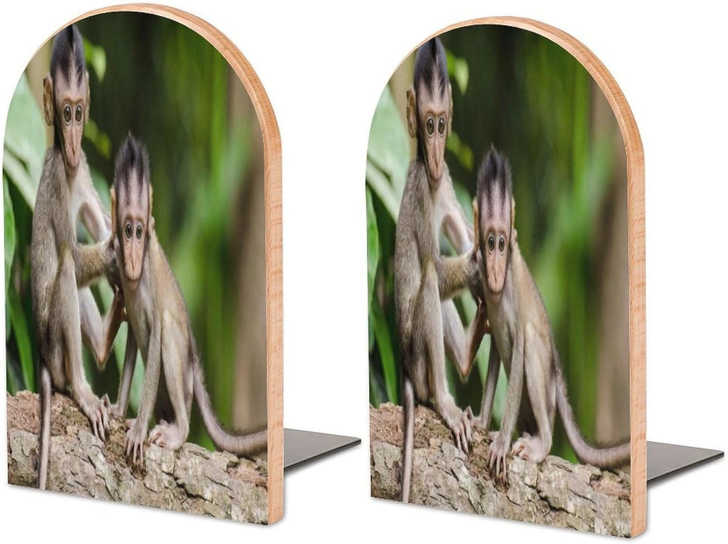 Cute Little Monkeys Wooden Bookend Non-Slip Book Ends Heavy Duty Book Stopper with Metal Base Books Holderd Decorative Bookends Stands Firmly for Office Supplies