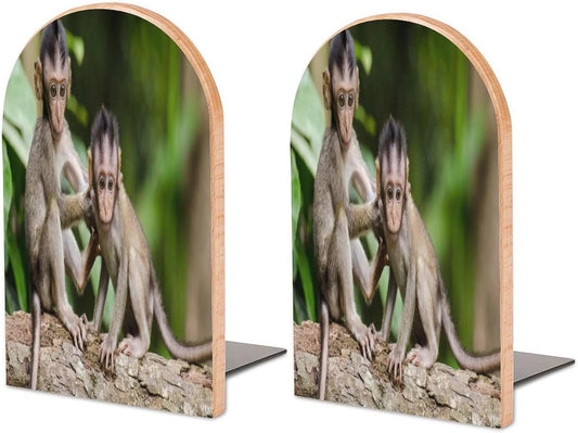 Cute Little Monkeys Wooden Bookend Non-Slip Book Ends Heavy Duty Book Stopper with Metal Base Books Holderd Decorative Bookends Stands Firmly for Office Supplies