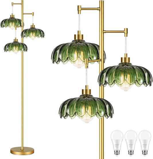 Gold Floor Lamp for Living Room Bedroom,Modern Floor Lamps with Unique Green Glass Shades,3 Lights Mid Century Tall Standing Lamp,Vintage Tree Flower Floor Lamp for Corner Office Reading