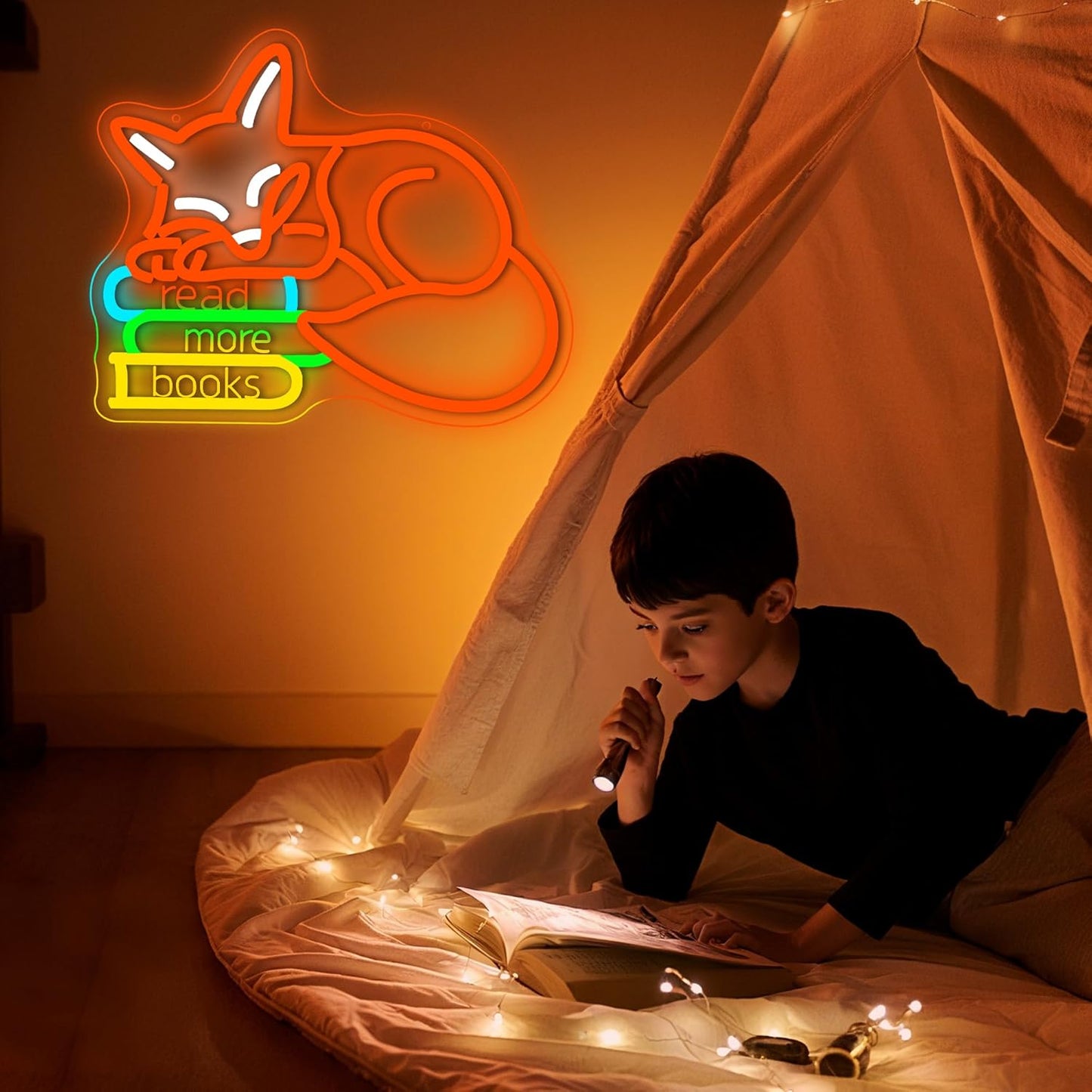 Read More Books Neon Sign for Wall Decor Read Book Neon Light for Classroom Reading Room Dimmable Reading Fox LED Sign for library Study Room Bedroom Party Birthday Gifts Size 14.3 * 11.7 In(TWP347)