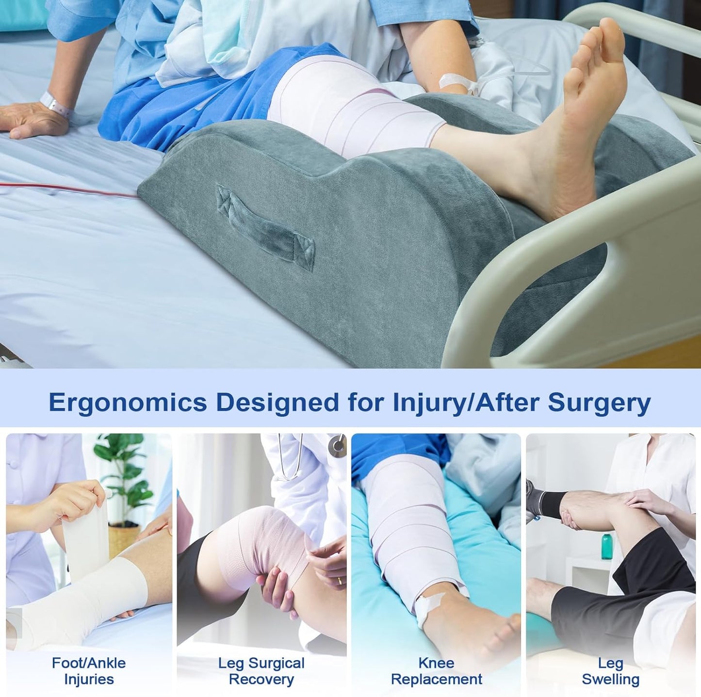 KingPavonini Adjustable Leg Elevation Pillows for After Surgery, Ergonomic Curve Keeps Knee Straight, Memory Foam Leg Pillow Elevation for Blood Circulation, Swelling and Pain Relief (Single Leg)