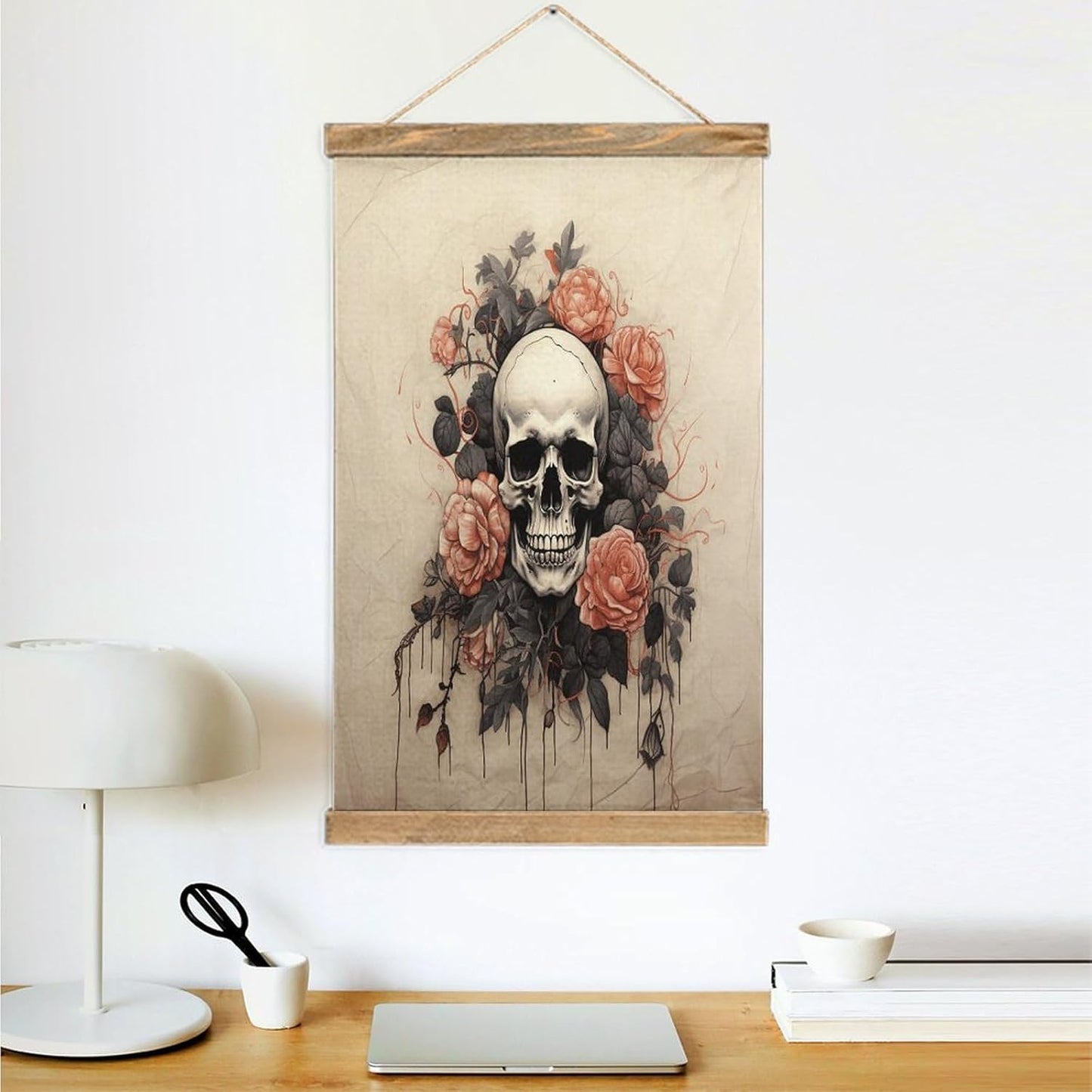 Vintage Ancient Skull And Flowers Poster with Wooden Frame Personalized Linen Hanging Scroll Painting Rustic Wall Hanging Illustrative Modern Artwork Decor for Home Living Room Bedroom Office
