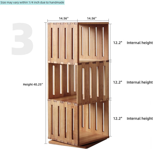 Wooden Rotating Bookshelf, 360°Spinning Deep-Bin Tower for Art Books&Large Formats, Solid Wood Revolving Bookcase, Floor Standing Storage Rack,Corner Organizer,Small Space,study,Office, 3-Tier