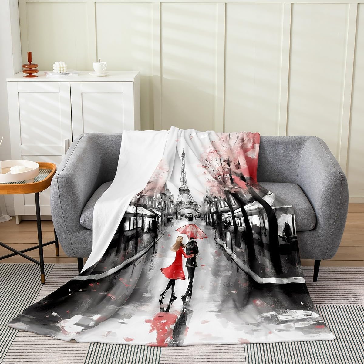 Eiffel Tower Flannel Fleece Throw Blanket,Paris Street Scenes All Season Bed Blanket Fuzzy Blanket For Bed Sofa Couch,Romantic Valentines Red Trip Design Bedroom Decor Plush Blanket Throw 50"x60"