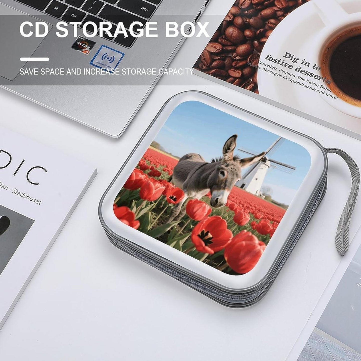 Donkey And Flowers CD Case Portable Zipper CD Case 40 Capacity Hard Plastic DVD Cases Holder Large Storage Disc Wallet Bag for Car Home Travel DVD Collection Bag
