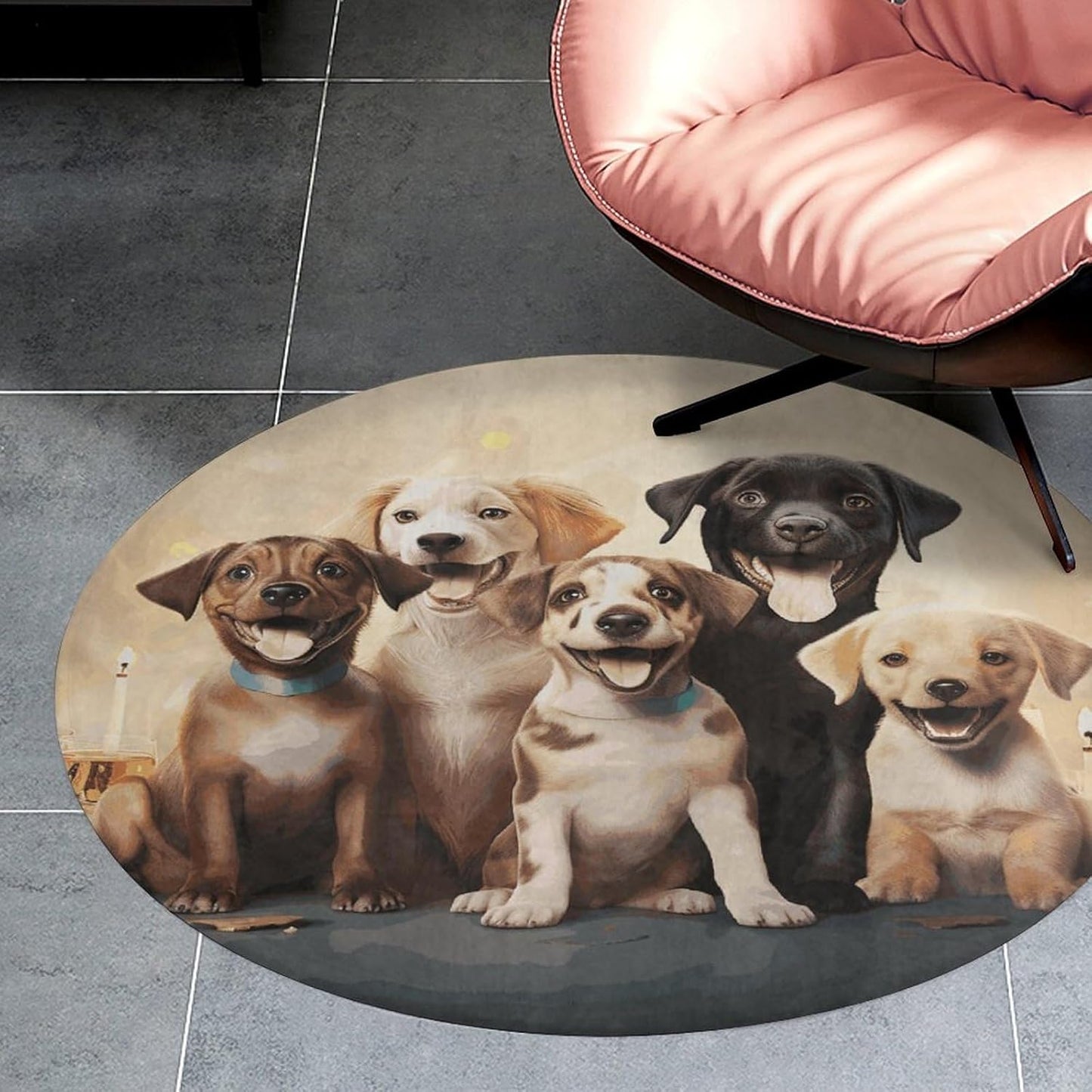 Dogs Happy Party Circle Rug Retro Luxury Coral Velvet Floor Mat Non Slip Soft Indoor Floor Carpet Comfy Thickened Area Rugs Modern Aesthetic Minimalist Carpets for Home Decor