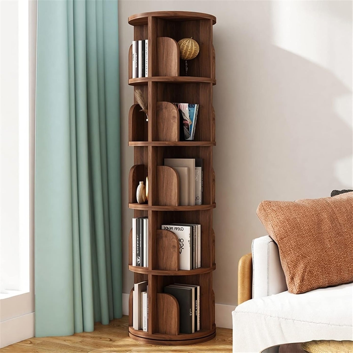 360° Rotating Solid Wood Bookcase, Kids' Corner Shelf for Picture Books & Magazines, Round Floor Rack for Living Room & Playroom Storage