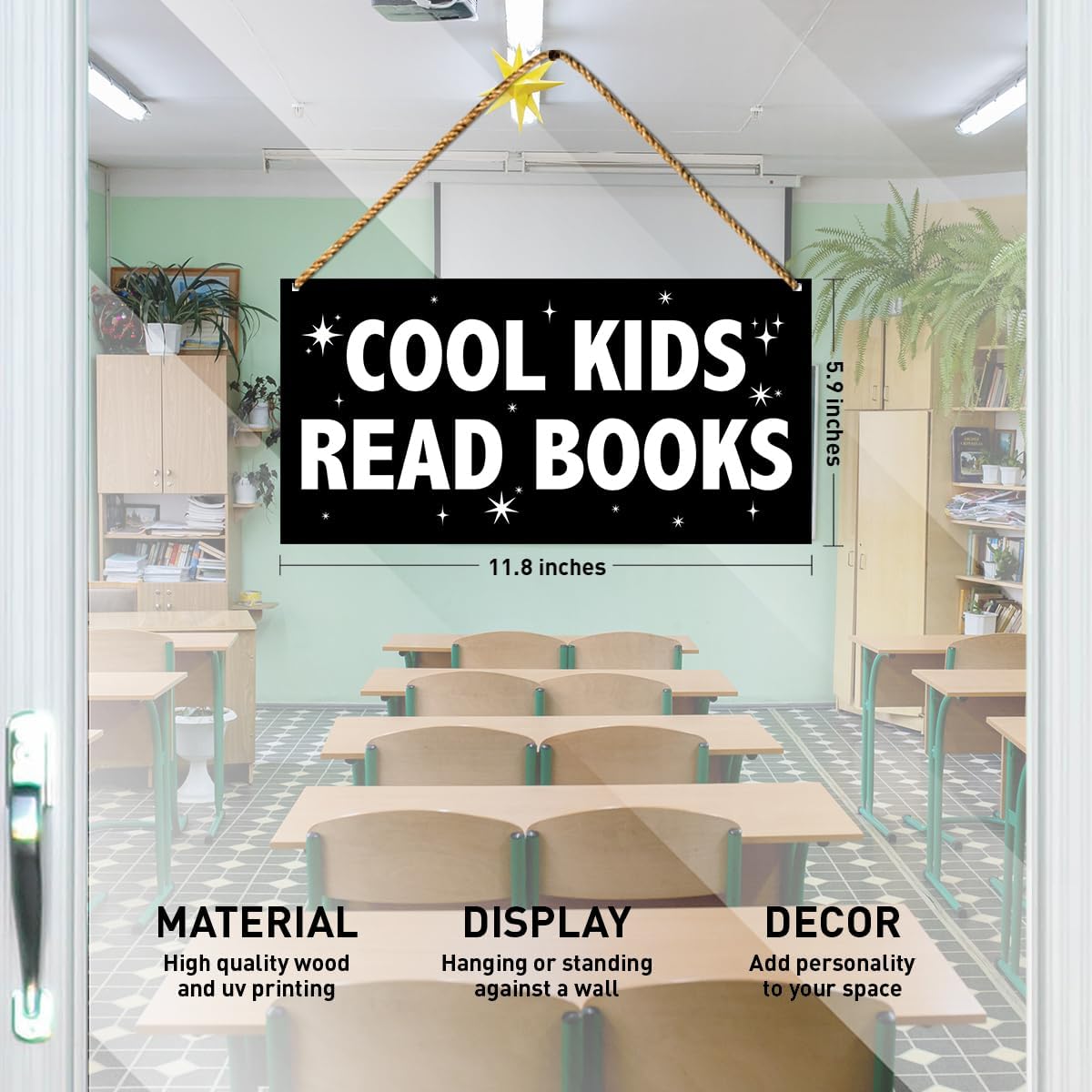 Classroom Sign Wood Decor, Inspirational Wall Decor for Library Kids Classroom Nursery Teen Read Room Homeschool Teacher Sign Hanging Decorations, Cool Kids Read Books