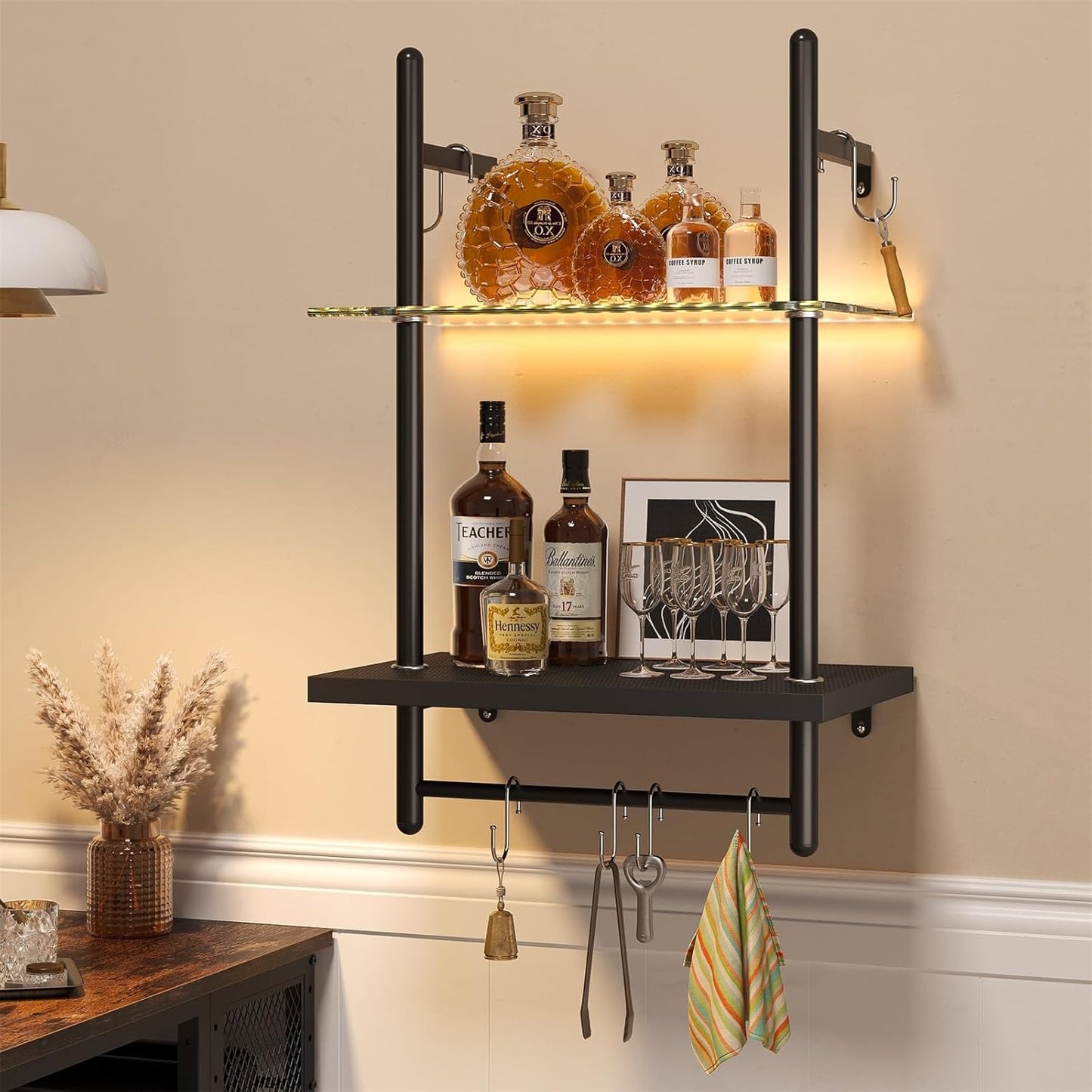 Bestier LED Gaming Floating Shelves for Wall, 15" Wall Mounted Shelf Pipe Glass Shelves, 2 Tier Hanging Display Rack with 6 S-Hooks Towel Bar, Gaming Room Decor Shelf, Carbon Fiber Black