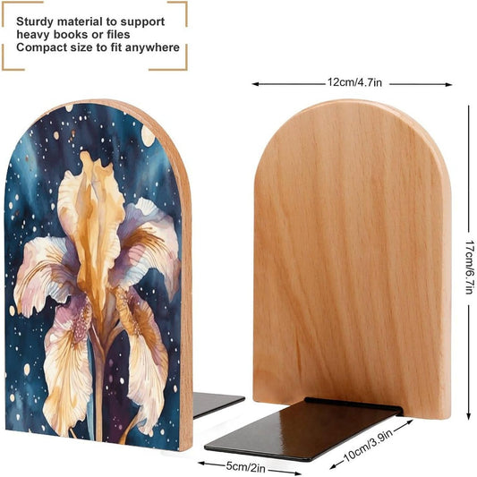 Iris Flower Image Bookend for Shelves Wooden Book End Large Size Sturdy Book Holders Stoppers with Metal Base for Bookshelves Slick Decorative Bookends Stands